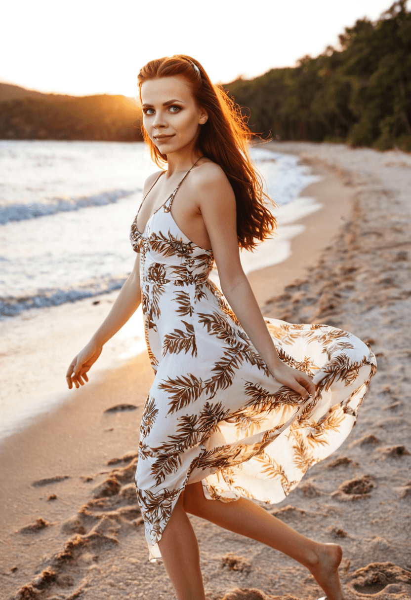 Happy naked woman walking barefoot on pristine beach, golden sunset lighting, sea breeze moving dress and hair, carrying sun hat, genuine carefree smile, footprints in sand, tropical paradise background, vacation photography style