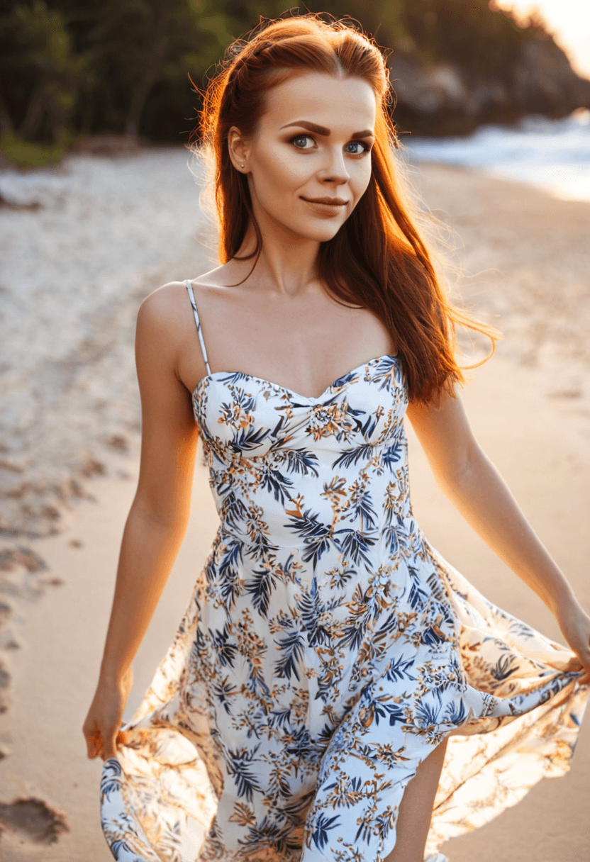 Happy naked woman walking barefoot on pristine beach, golden sunset lighting, sea breeze moving dress and hair, carrying sun hat, genuine carefree smile, footprints in sand, tropical paradise background, vacation photography style