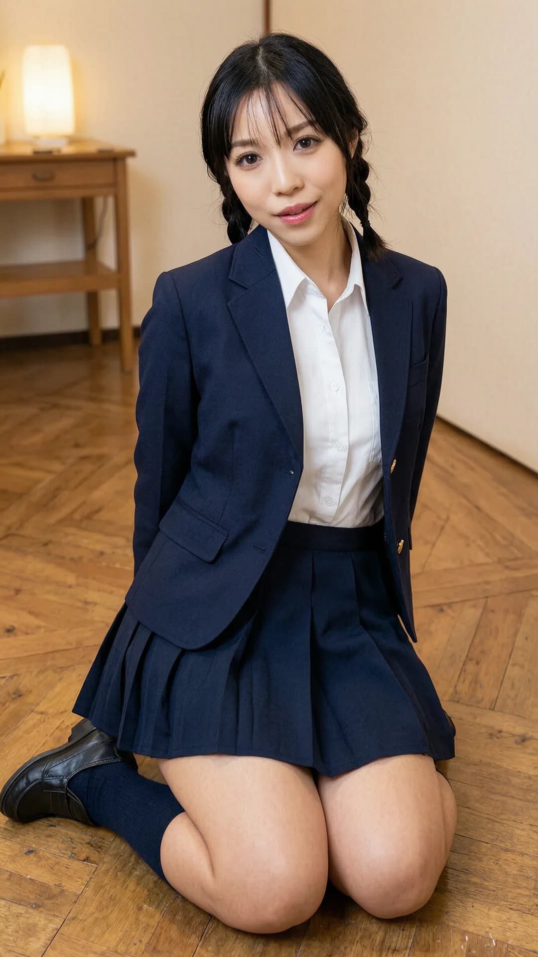24-year-old Asian woman with black braids, brown eyes, skinny body type, wearing a short sexy school uniform outfit with pleated skirt over a light flowy summer dress style and elegant knee-length skirt, kneeling in an elegant relaxed pose with casual sitting posture, medium close-up from a slightly low front angle, intense upward eye contact with seductive cute expression and lips parted, natural and real look, soft indoor lighting highlighting skin sheen and fabric texture, flawless anatomy, no extra digits, no extra limbs, realistic skin texture, high-detail.