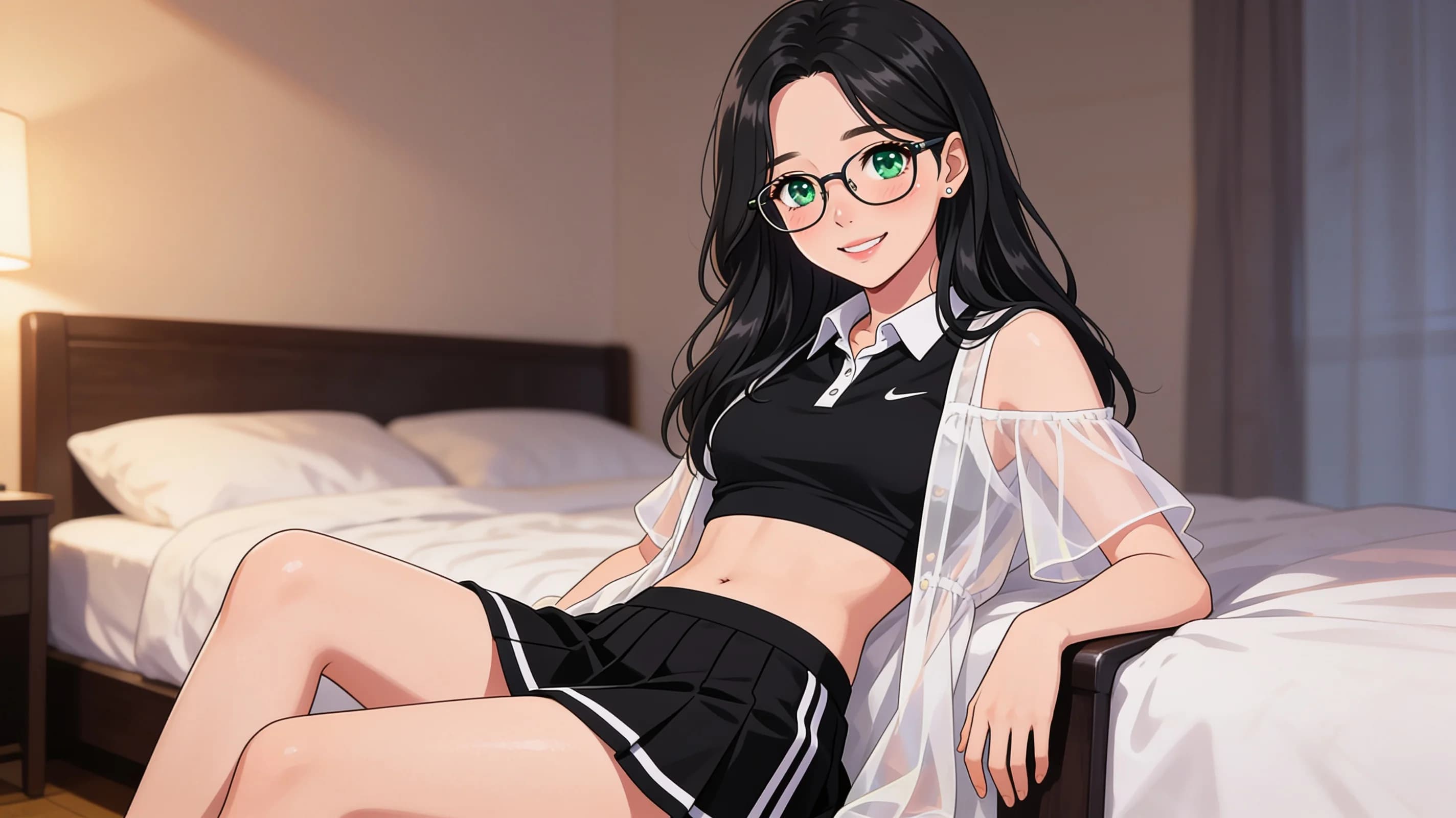 21-year-old Asian woman with long black hair, green eyes and skinny body type, wearing a short black tennis skirt and crop top shirt with a light flowy summer dress layered over it, stylish glasses, sitting casually in a relaxed pose on the edge of a bed in a cozy bedroom setting with soft warm lighting, medium close-up portrait from front angle with direct smiling eye contact toward the viewer and joyful relaxed expression, her skinny frame relaxed with subtle skin sheen and natural blush marks on cheeks, natural clothing folds flowing gently over her body, anime style, high-quality illustration, Flawless anatomy, no extra digits, no extra limbs, detailed anime shading, high-quality illustration.