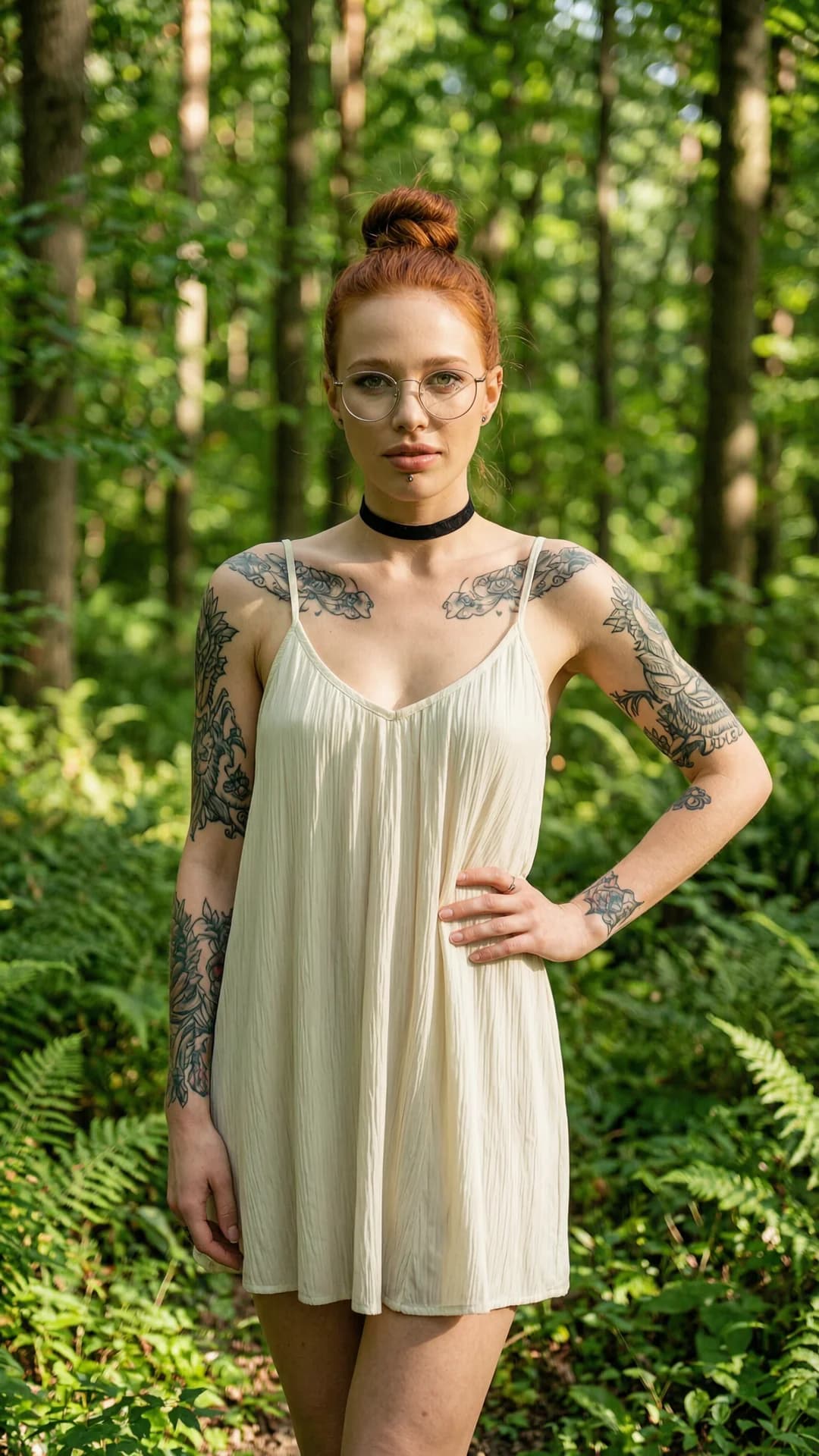 A 24-year-old Caucasian woman with red hair in a tight bun, striking green eyes behind thin-rimmed glasses, skinny athletic build, fair skin adorned with intricate tattoos on her arms and collarbone, and nipple piercings subtly outlined beneath the fabric, stands confidently in a lush green forest wearing a light flowy summer dress that clings to her figure and a fashionable black choker, posing with one hand on her hip, chest forward and back slightly arched to emphasize her slim waist and curves, full body frontal shot from a slight low angle capturing her entire form against the verdant foliage, natural dappled sunlight filtering through the trees creating soft highlights on her skin and dress, intense direct eye contact with confident seductive gaze and lips slightly parted, realistic style, Flawless anatomy, no extra digits, no extra limbs, realistic skin texture, high-detail.