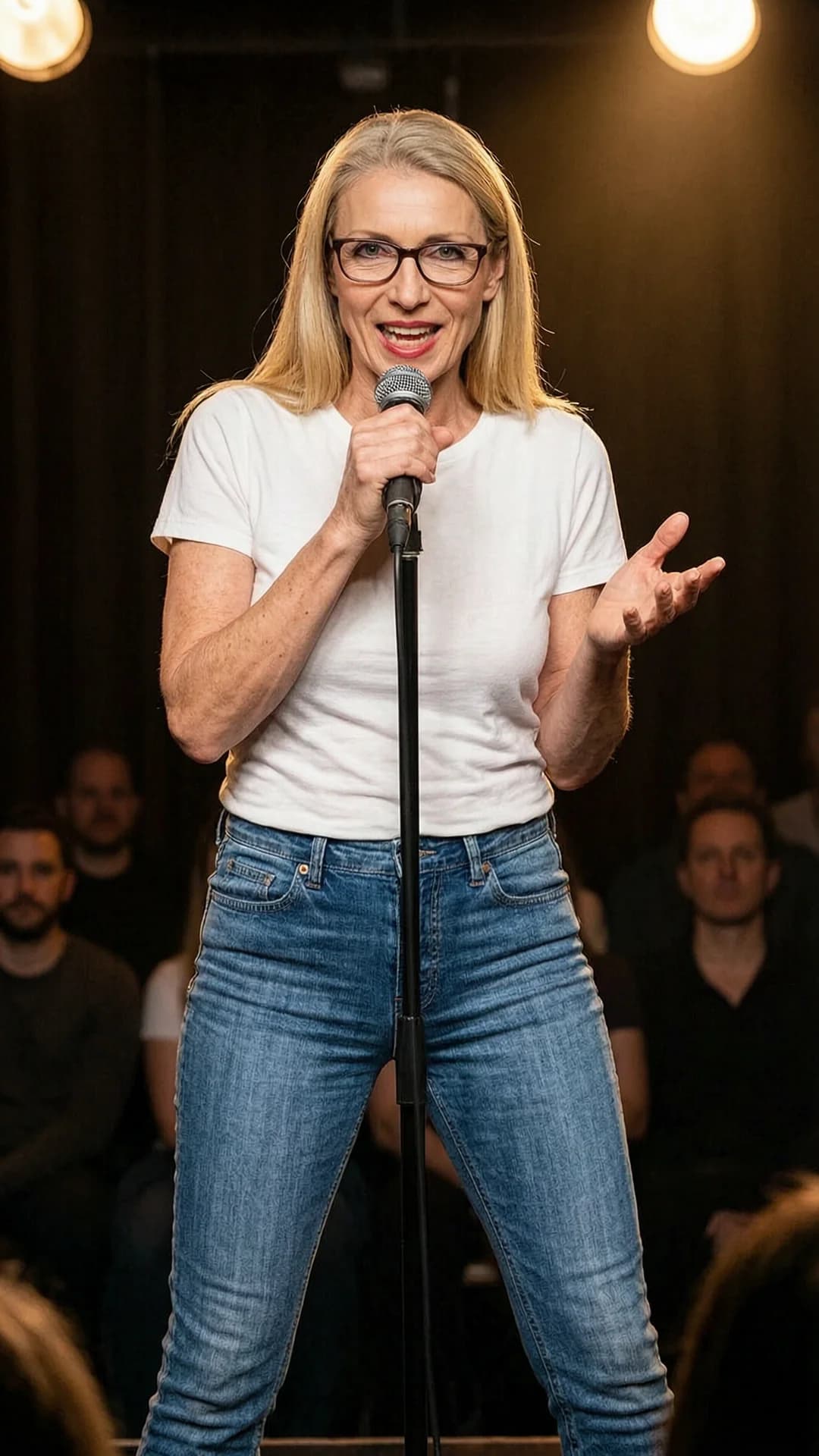 A 60-year-old Caucasian woman with skinny body type, straight blonde hair, green eyes, freckles across her face, wearing glasses, standing on a dimly lit comedy club stage under warm spotlight illumination, performing a stand-up set at a microphone stand, wearing a casual white t-shirt and tight blue jeans, body positioned upright with one hand gesturing animatedly and the other resting near the mic, legs slightly apart in a confident stance, direct intense eye contact with the audience showing humorous confidence and playful mischief with mouth open mid-punchline, medium close-up from front audience POV, realistic skin texture with subtle wrinkles, stage lights casting soft shadows, comedic lively mood, Flawless anatomy, no extra digits, no extra limbs, realistic skin texture, high-detail.