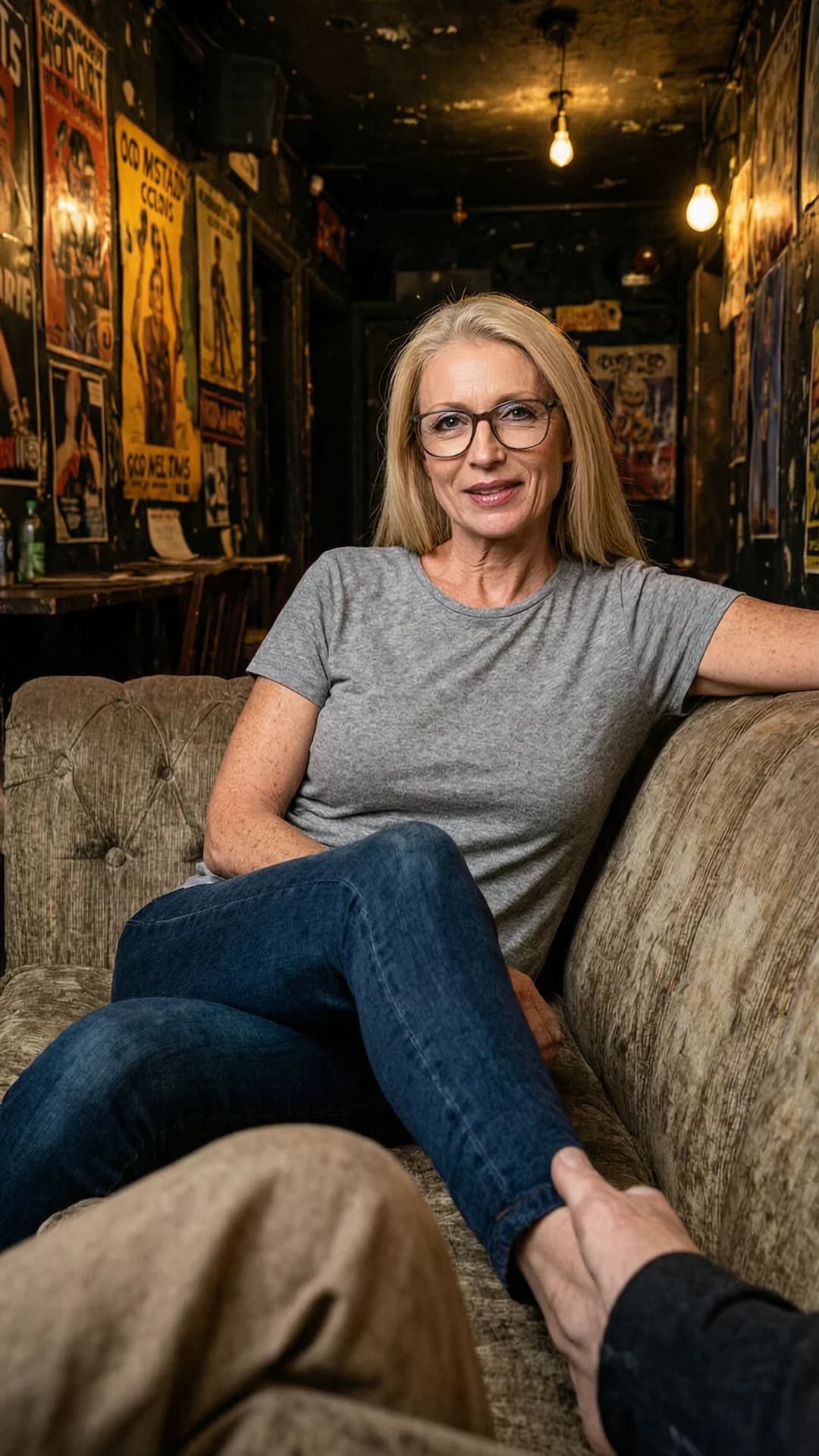 A 60-year-old Caucasian woman with a skinny body type, straight blonde hair, green eyes, freckles across her face, and wearing glasses, relaxing on a worn sofa in a dimly lit grungy dressing room of a comedy club with cluttered posters and dim overhead lighting casting soft shadows, wearing a casual t-shirt and tight jeans with legs crossed at the knees in a relaxed pose while leaning back against the cushions, medium close-up from a slight side angle in first-person POV as if sitting across from her, making direct eye contact with the viewer with a relaxed conversational expression and slight smile as she chats, body positioned naturally with one arm resting on the sofa back, flawless anatomy, no extra digits, no extra limbs, realistic skin texture, high-detail.