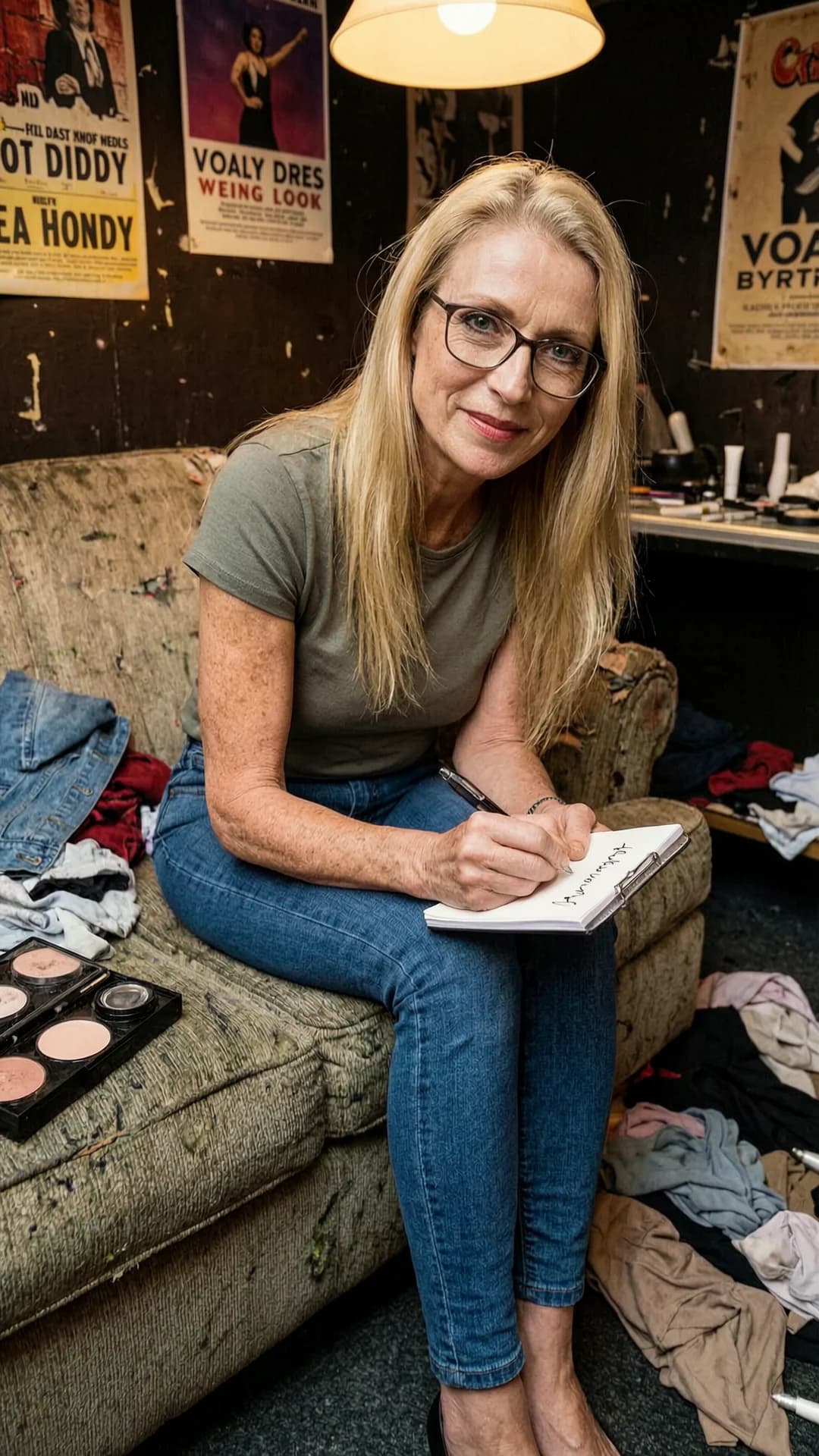 A 60-year-old Caucasian woman with a skinny body type, straight blonde hair, green eyes, freckles across her face, and wearing glasses sits on a worn sofa in a grungy comedy club dressing room cluttered with scattered clothes, makeup cases, and faded posters under dim warm overhead lighting, wearing a casual fitted t-shirt and tight blue jeans that hug her slender frame, leaning forward slightly with knees together while signing an autograph on a notepad with a pen in her right hand and a gentle smile on her face, medium close-up from the fan's first-person POV looking slightly downward at her, warm direct eye contact with the viewer conveying friendly charm and relaxed confidence, subtle skin texture and natural body tension in her seated posture, Flawless anatomy, no extra digits, no extra limbs, realistic skin texture, high-detail.