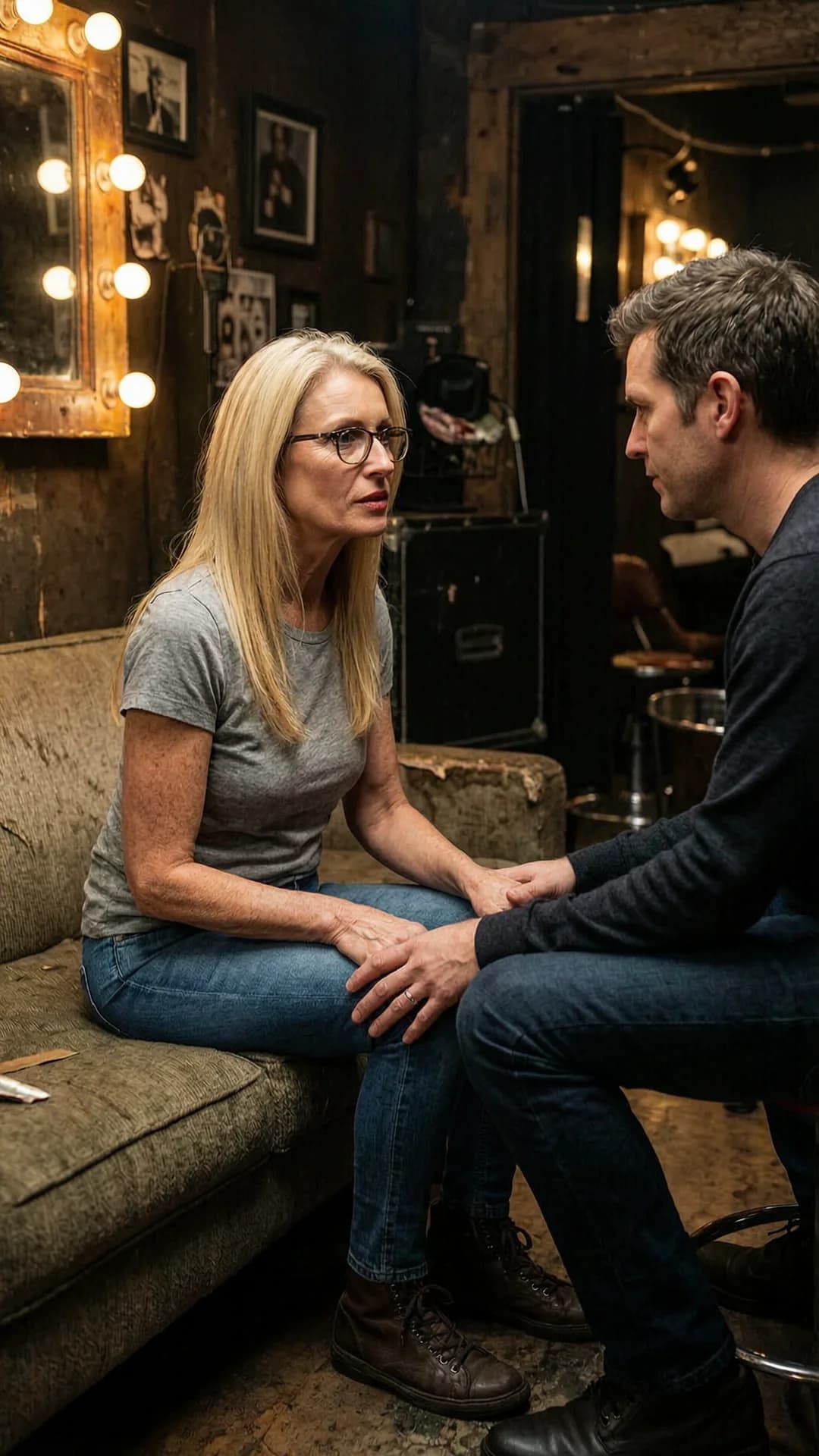 A 60-year-old Caucasian woman with a skinny build, straight blonde hair, green eyes, freckles across her face, and wearing glasses sits on a worn sofa in a dimly lit grungy dressing room of a comedy club, dressed in a casual t-shirt and tight jeans, her hands resting firmly on the knee of a man seated beside her as she turns her torso toward him in a medium close-up from a slight side angle, maintaining intense eye contact with focused intensity and parted lips, her mature skin showing subtle texture under low ambient lighting with soft shadows highlighting her slim frame and the casual pose, cinematic mood of quiet tension in the cluttered backstage setting. Flawless anatomy, no extra digits, no extra limbs, realistic skin texture, high-detail.