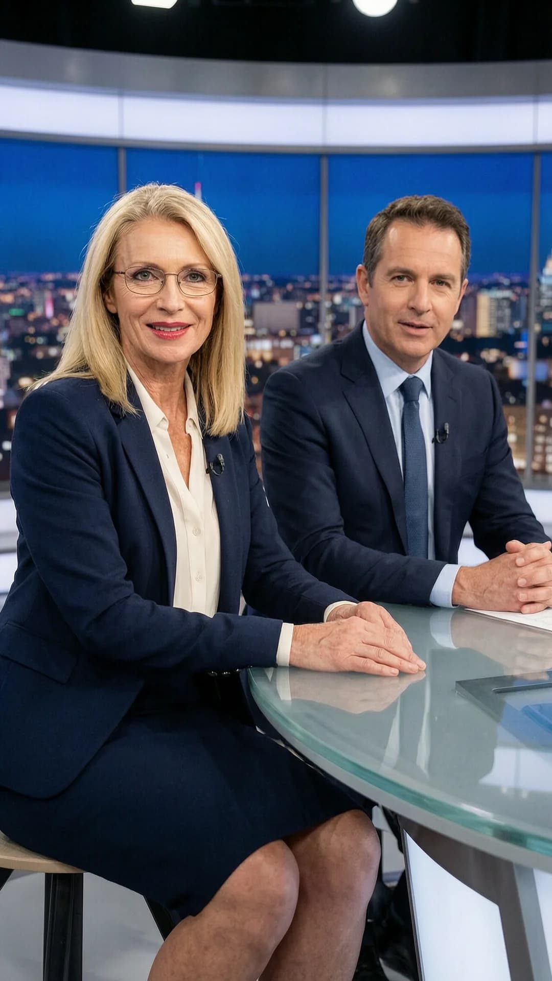 A 60-year-old Caucasian woman with skinny build, straight shoulder-length blonde hair, green eyes, freckles across her cheeks, and wearing thin-rimmed glasses sits behind a polished news desk in a brightly lit TV studio, smartly dressed in a tailored navy blazer over a cream blouse and matching pencil skirt, positioned next to a middle-aged male news anchor in a dark suit, her body angled slightly toward the camera with hands resting on the desk, professional posture and engaged expression while speaking directly to the lens with intense direct eye contact conveying authority and warmth, medium close-up frontal camera angle, cinematic studio lighting with soft key lights highlighting her features and the desk setup, realistic style, Flawless anatomy, no extra digits, no extra limbs, realistic skin texture, high-detail.