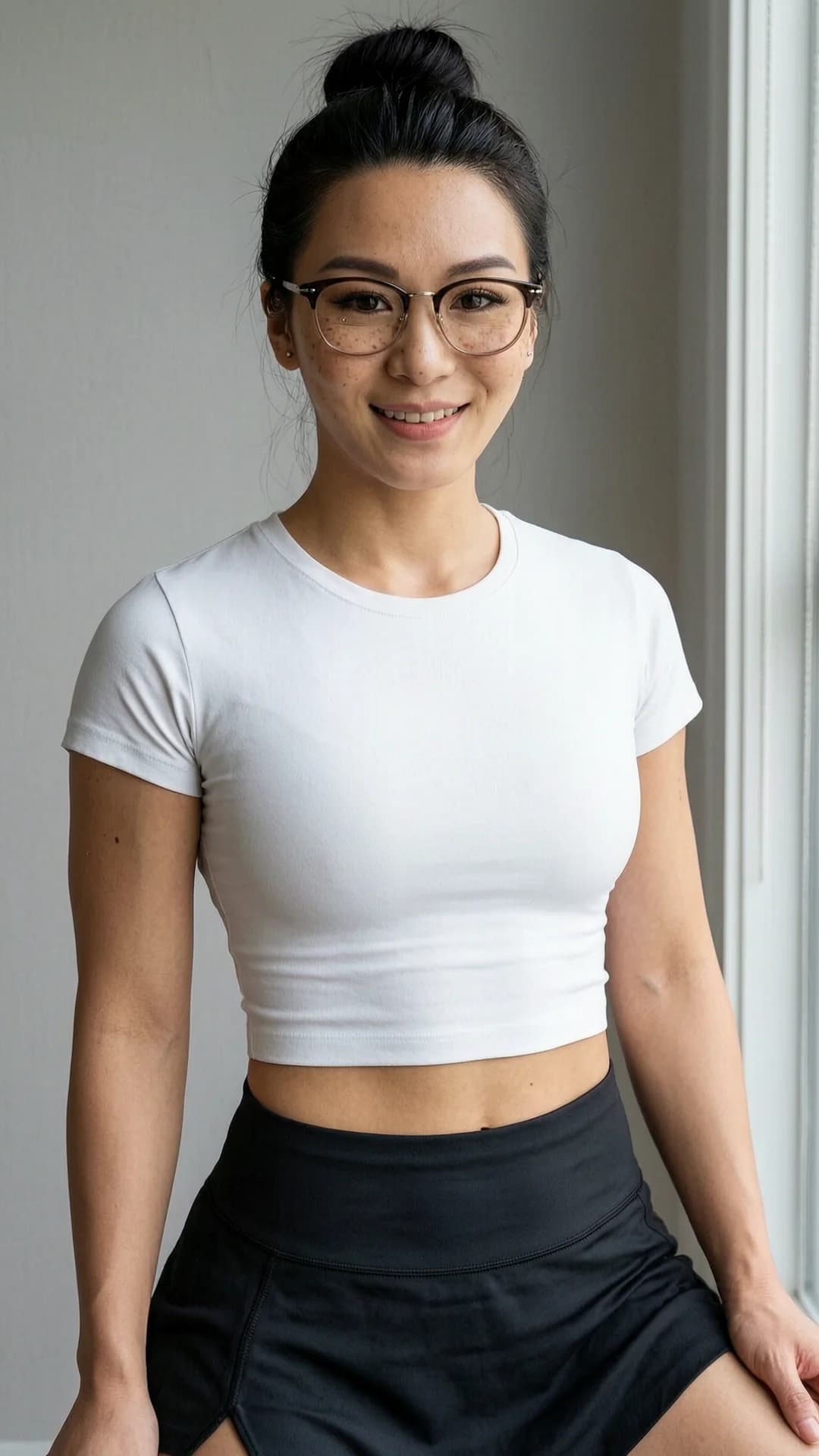 A 24-year-old muscular Asian woman with black hair in a tight bun, brown eyes behind stylish glasses, light freckles across her cheeks and nose, wearing a short black tennis skirt and a tight white crop top shirt that clings to her athletic torso, captured in a medium close-up frontal portrait from eye-level angle, standing with shoulders squared and hips slightly tilted, direct eye contact with the viewer accompanied by a warm genuine smile and parted lips, soft natural window lighting illuminating her defined muscles and smooth skin, subtle nipple piercings faintly outlined beneath the fabric, Flawless anatomy, no extra digits, no extra limbs, realistic skin texture, high-detail.