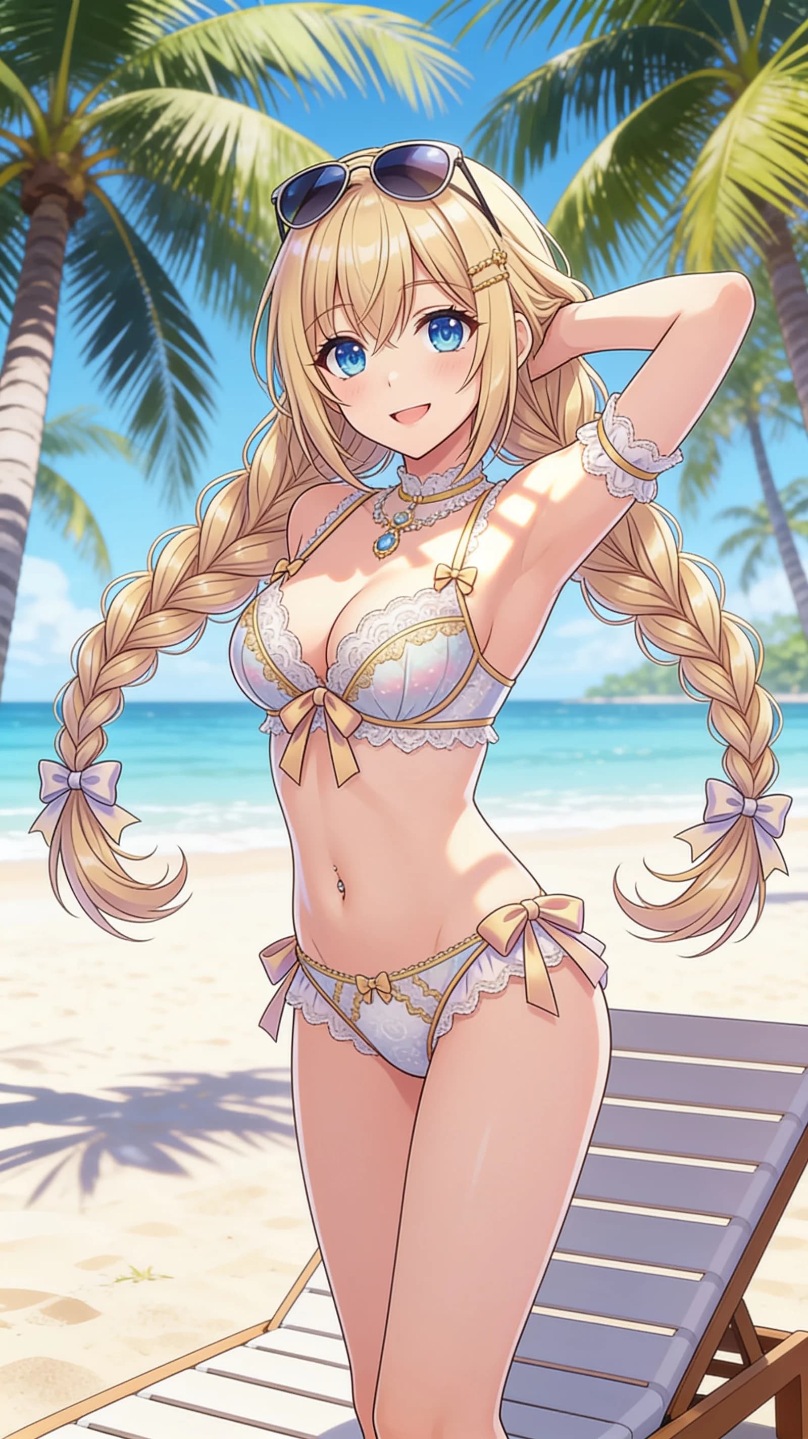 anime style, 2D cel-shaded anime illustration, anime key visual, flat cel shading, clean bold line art, vibrant saturated colors, large detailed expressive anime eyes with crisp catchlights, flat 2D rendering, not photorealistic, not 3D render, 21-year-old Caucasian woman with a fit body, blonde braids, blue eyes, belly piercings, standing waist-up on a sunny tropical beach lounger stretching gracefully in a stylish revealing bikini with an elegant necklace and trendy sunglasses perched on her head, medium close-up front angle portrait with ocean waves and sand in soft focus background, direct eye contact with a warm inviting smile and lips gently parted, bright natural sunlight from above casting soft shadows across her skin, relaxed confident pose with hands lightly on hips, detailed anime cel shading, crisp clean linework, correct anatomy, hands cleanly drawn with five fingers, studio-quality anime key visual; avoid: photorealistic, 3D render, extra fingers, deformed hands, blurry, low detail.