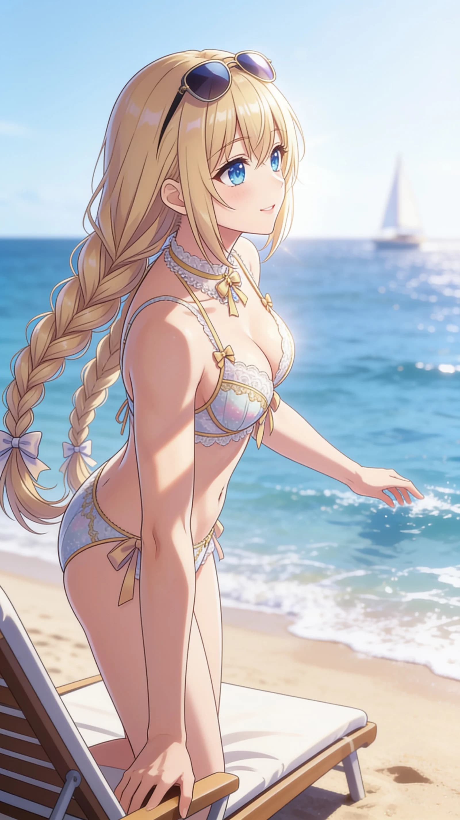 anime style, 2D cel-shaded anime illustration, anime key visual, flat cel shading, clean bold line art, vibrant saturated colors, large detailed expressive anime eyes with crisp catchlights, flat 2D rendering, not photorealistic, not 3D render, 21-year-old Caucasian woman with a fit body, blonde braids, blue eyes, belly piercings, standing waist-up on a sunny tropical beach lounger stretching gracefully in a stylish revealing bikini with an elegant necklace and trendy sunglasses perched on her head, medium close-up front angle portrait with ocean waves and sand in soft focus background, direct eye contact with a warm inviting smile and lips gently parted, bright natural sunlight from above casting soft shadows across her skin, relaxed confident pose with hands lightly on hips, detailed anime cel shading, crisp clean linework, correct anatomy, hands cleanly drawn with five fingers, studio-quality anime key visual; avoid: photorealistic, 3D render, extra fingers, deformed hands, blurry, low detail.