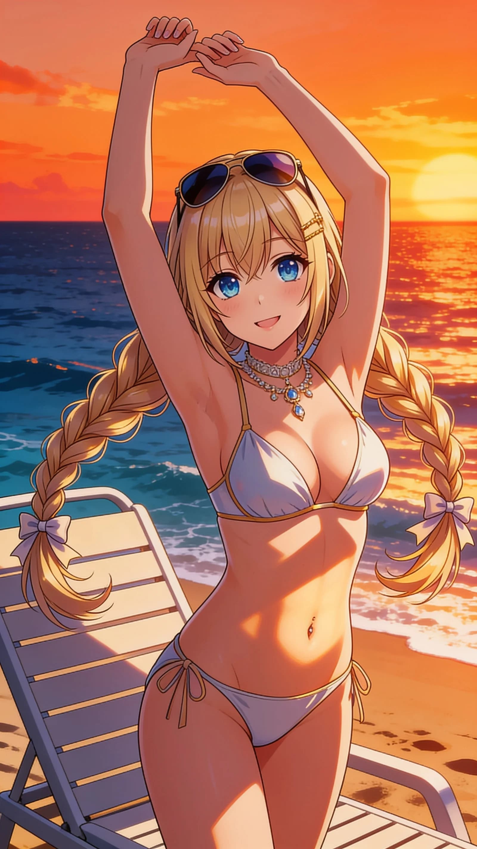 anime style, 2D cel-shaded anime illustration, anime key visual, flat cel shading, clean bold line art, vibrant saturated colors, large detailed expressive anime eyes with crisp catchlights, flat 2D rendering, not photorealistic, not 3D render, 21-year-old Caucasian woman with a fit body, blonde braids, blue eyes, belly piercings, standing waist-up on a sunny tropical beach lounger stretching gracefully in a stylish revealing bikini with an elegant necklace and trendy sunglasses perched on her head, medium close-up front angle portrait with ocean waves and sand in soft focus background, direct eye contact with a warm inviting smile and lips gently parted, bright natural sunlight from above casting soft shadows across her skin, relaxed confident pose with hands lightly on hips, detailed anime cel shading, crisp clean linework, correct anatomy, hands cleanly drawn with five fingers, studio-quality anime key visual; avoid: photorealistic, 3D render, extra fingers, deformed hands, blurry, low detail.