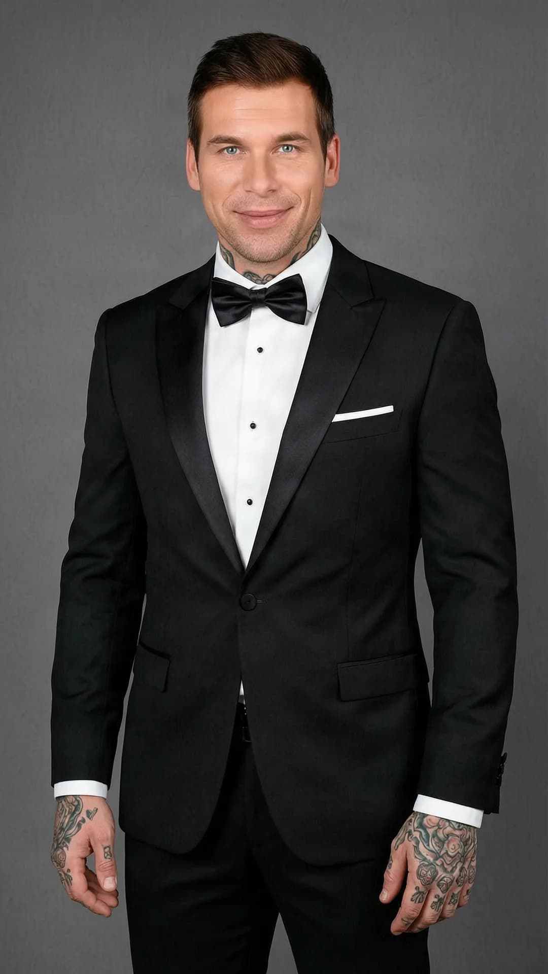 35-year-old Caucasian muscular man with short brown hair, blue eyes and visible tattoos, wearing a black tuxedo with bow tie and formal evening wear, standing in a medium close-up portrait from front angle, direct eye contact with the viewer and a warm smile, realistic style, flawless anatomy, no extra digits, no extra limbs, realistic skin texture, high-detail.