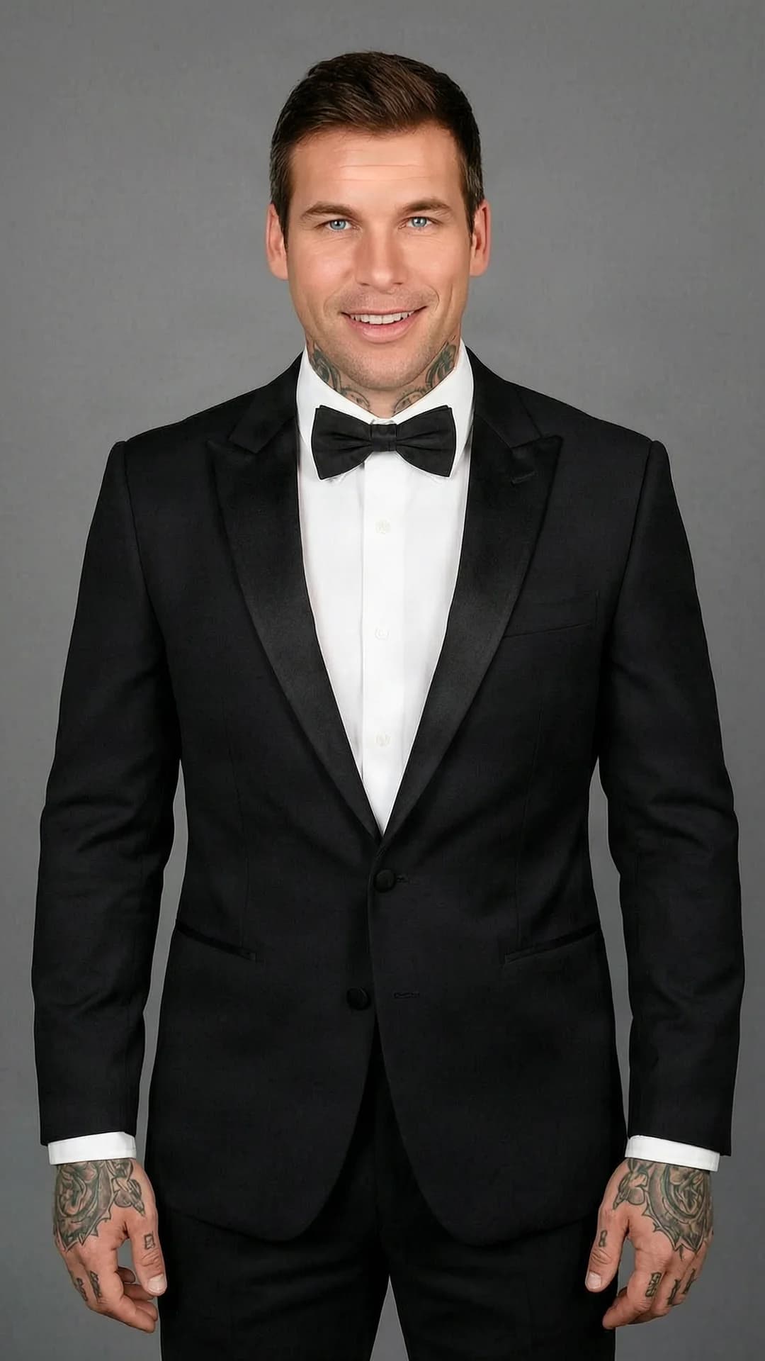35-year-old Caucasian muscular man with short brown hair, blue eyes and visible tattoos, wearing a black tuxedo with bow tie and formal evening wear, standing in a medium close-up portrait from front angle, direct eye contact with the viewer and a warm smile, realistic style, flawless anatomy, no extra digits, no extra limbs, realistic skin texture, high-detail.