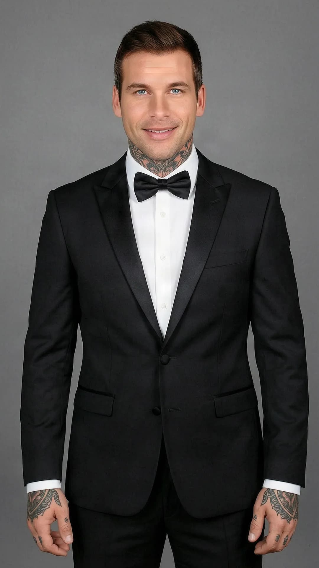 35-year-old Caucasian muscular man with short brown hair, blue eyes and visible tattoos, wearing a black tuxedo with bow tie and formal evening wear, standing in a medium close-up portrait from front angle, direct eye contact with the viewer and a warm smile, realistic style, flawless anatomy, no extra digits, no extra limbs, realistic skin texture, high-detail.