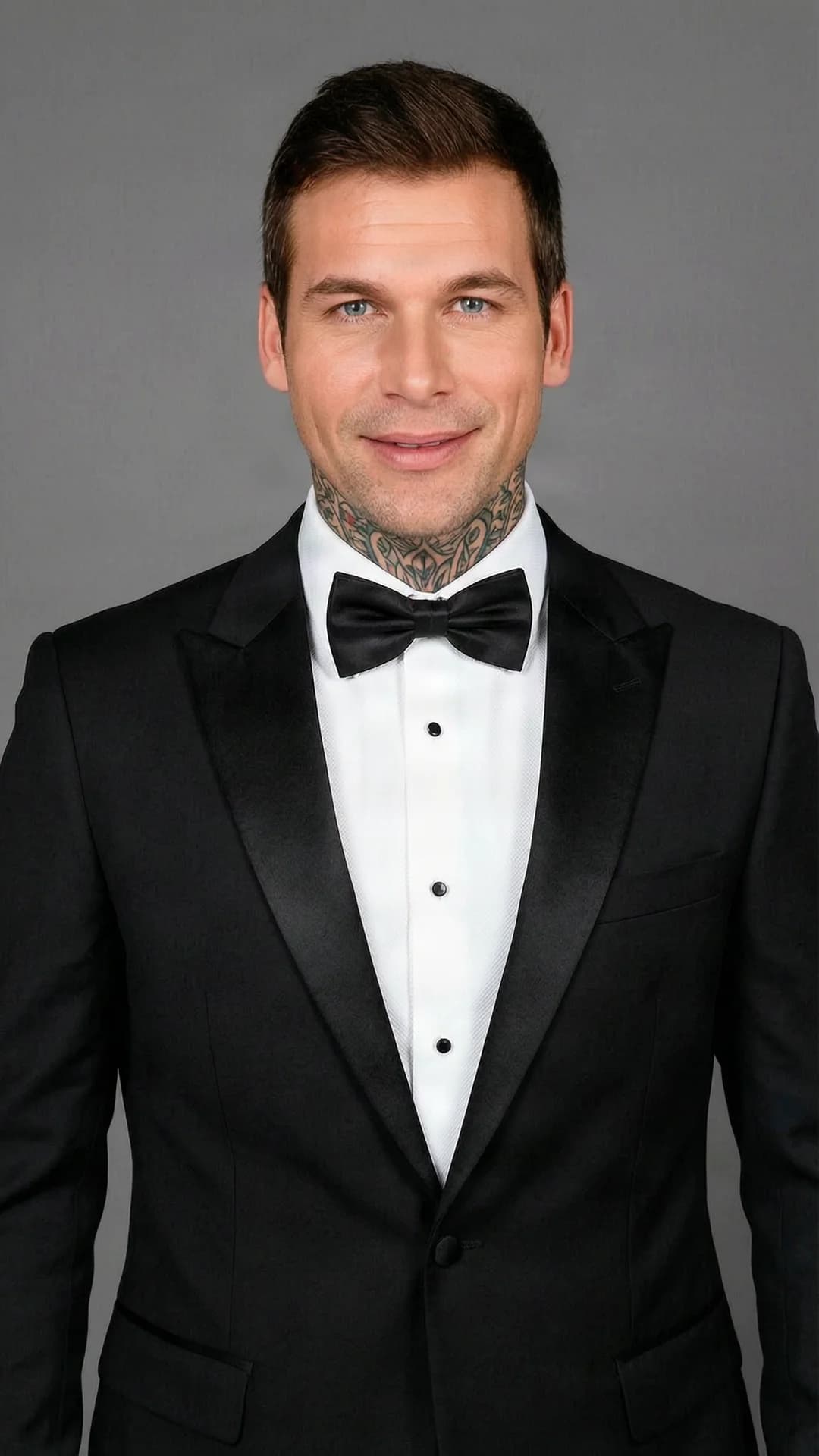 35-year-old Caucasian muscular man with short brown hair, blue eyes and visible tattoos, wearing a black tuxedo with bow tie and formal evening wear, standing in a medium close-up portrait from front angle, direct eye contact with the viewer and a warm smile, realistic style, flawless anatomy, no extra digits, no extra limbs, realistic skin texture, high-detail.