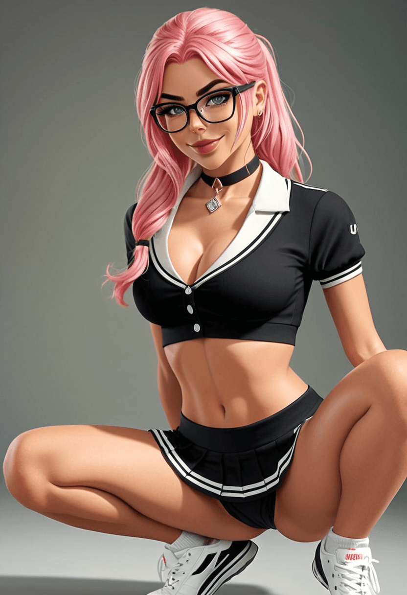 Wearing short black tennis skirt and a crop top shirt, portrait picture, looking at the viewer with a smile, wearing a fashionable choker, stretching gracefully, squatting position, athletic pose
