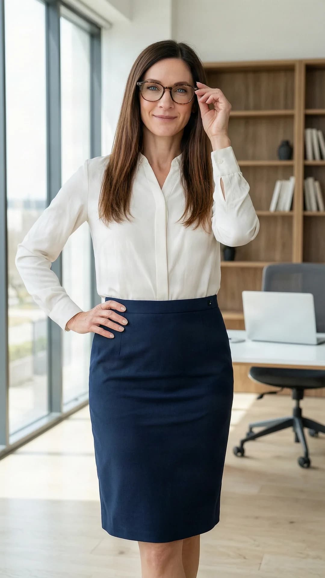 A 49-year-old Caucasian woman with straight brunette hair, blue eyes, and an average body type, wearing an elegant knee-length skirt paired with a fitted blouse and stylish glasses, standing gracefully in a sunlit modern office with bookshelves in the background, body angled slightly toward the viewer with one hand resting on her hip and the other adjusting her glasses, soft natural window lighting casting gentle highlights on her skin and fabric, medium close-up from eye level facing the camera, direct eye contact with a confident professional smile and relaxed posture, realistic style, Flawless anatomy, no extra digits, no extra limbs, realistic skin texture, high-detail.