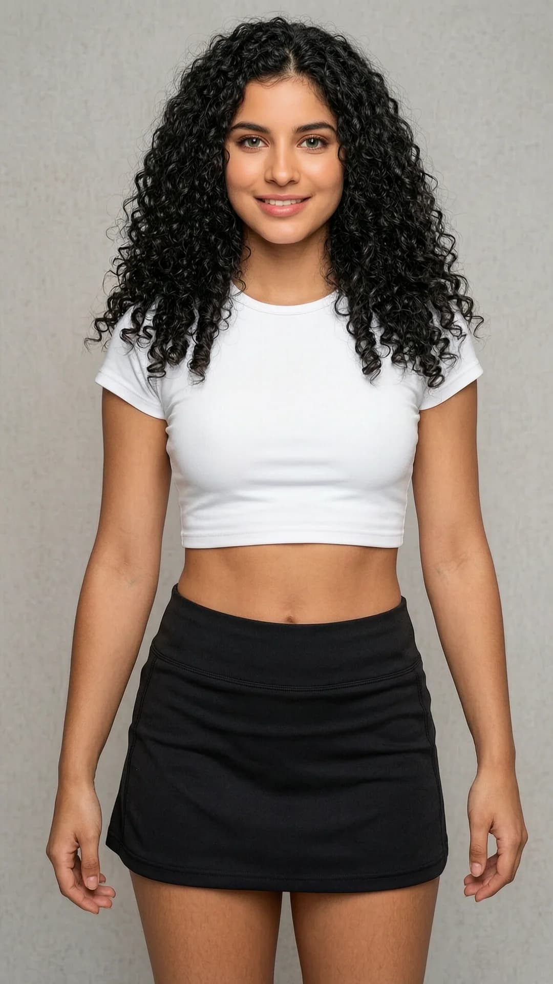 A 21-year-old Latina woman with a fit athletic body, curly black hair, and striking green eyes, wearing a short black tennis skirt paired with a tight white crop top shirt that exposes her toned midriff, standing in a soft-lit neutral studio setting, captured in a close-up portrait from a direct frontal camera angle with her body slightly angled toward the viewer, direct eye contact with a warm genuine smile and lips gently curved upward, soft natural lighting highlighting her smooth skin and curly hair texture, realistic style, Flawless anatomy, no extra digits, no extra limbs, realistic skin texture, high-detail.