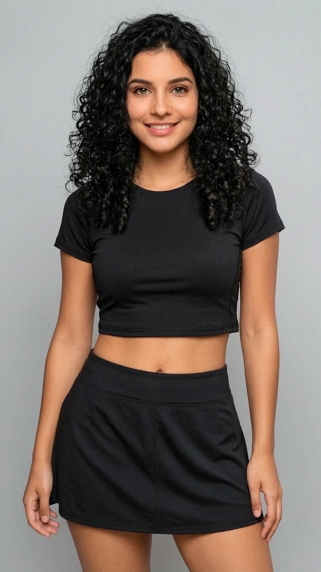 A 21-year-old Latina woman with a fit body, curly black hair, and green eyes, wearing a short black tennis skirt and a crop top shirt, captured in a realistic close-up portrait from a direct front eye-level angle, standing with a relaxed yet confident pose, shoulders slightly angled toward the viewer, light flowy summer dress elements subtly layered for texture, smiling warmly at the viewer with genuine joy and sparkling green eyes making direct eye contact, soft natural lighting highlighting her curly hair and smooth skin, cinematic mood with subtle shadows, flawless anatomy, no extra digits, no extra limbs, realistic skin texture, high-detail.