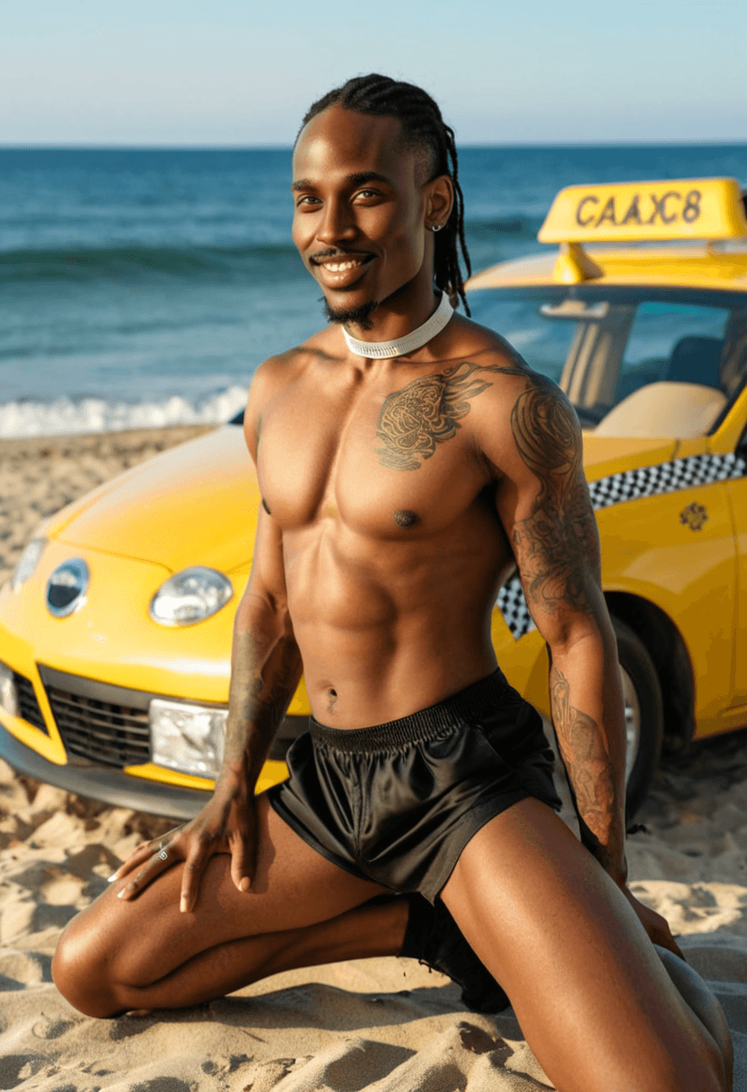 kneeling pose, elegant position, wearing a fashionable choker, with artistic tattoos, in a yellow taxi cab, stretching gracefully, tanning on a beach lounger, wearing trendy sunglasses, on a sunny beach with ocean waves, wearing a sleek latex skirt, wearing a luxurious satin robe, squatting position, athletic pose, in a modern office setting, on a sunny beach with ocean waves, outdoor setting, visible tattoos on arms and chest, wearing stylish sunglasses, cool accessory, lifting weights at the gym, showing muscular strength, wearing stylish swim shorts, beach ready attire
