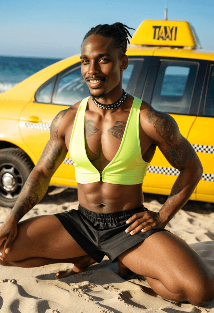 kneeling pose, elegant position, wearing a fashionable choker, with artistic tattoos, in a yellow taxi cab, stretching gracefully, tanning on a beach lounger, wearing trendy sunglasses, on a sunny beach with ocean waves, wearing a sleek latex skirt, wearing a luxurious satin robe, squatting position, athletic pose, in a modern office setting, on a sunny beach with ocean waves, outdoor setting, visible tattoos on arms and chest, wearing stylish sunglasses, cool accessory, lifting weights at the gym, showing muscular strength, wearing stylish swim shorts, beach ready attire