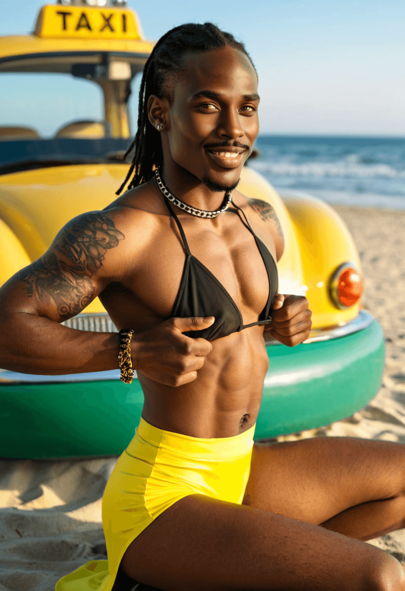 kneeling pose, elegant position, wearing a fashionable choker, with artistic tattoos, in a yellow taxi cab, stretching gracefully, tanning on a beach lounger, wearing trendy sunglasses, on a sunny beach with ocean waves, wearing a sleek latex skirt, wearing a luxurious satin robe, squatting position, athletic pose, in a modern office setting, on a sunny beach with ocean waves, outdoor setting, visible tattoos on arms and chest, wearing stylish sunglasses, cool accessory, lifting weights at the gym, showing muscular strength, wearing stylish swim shorts, beach ready attire