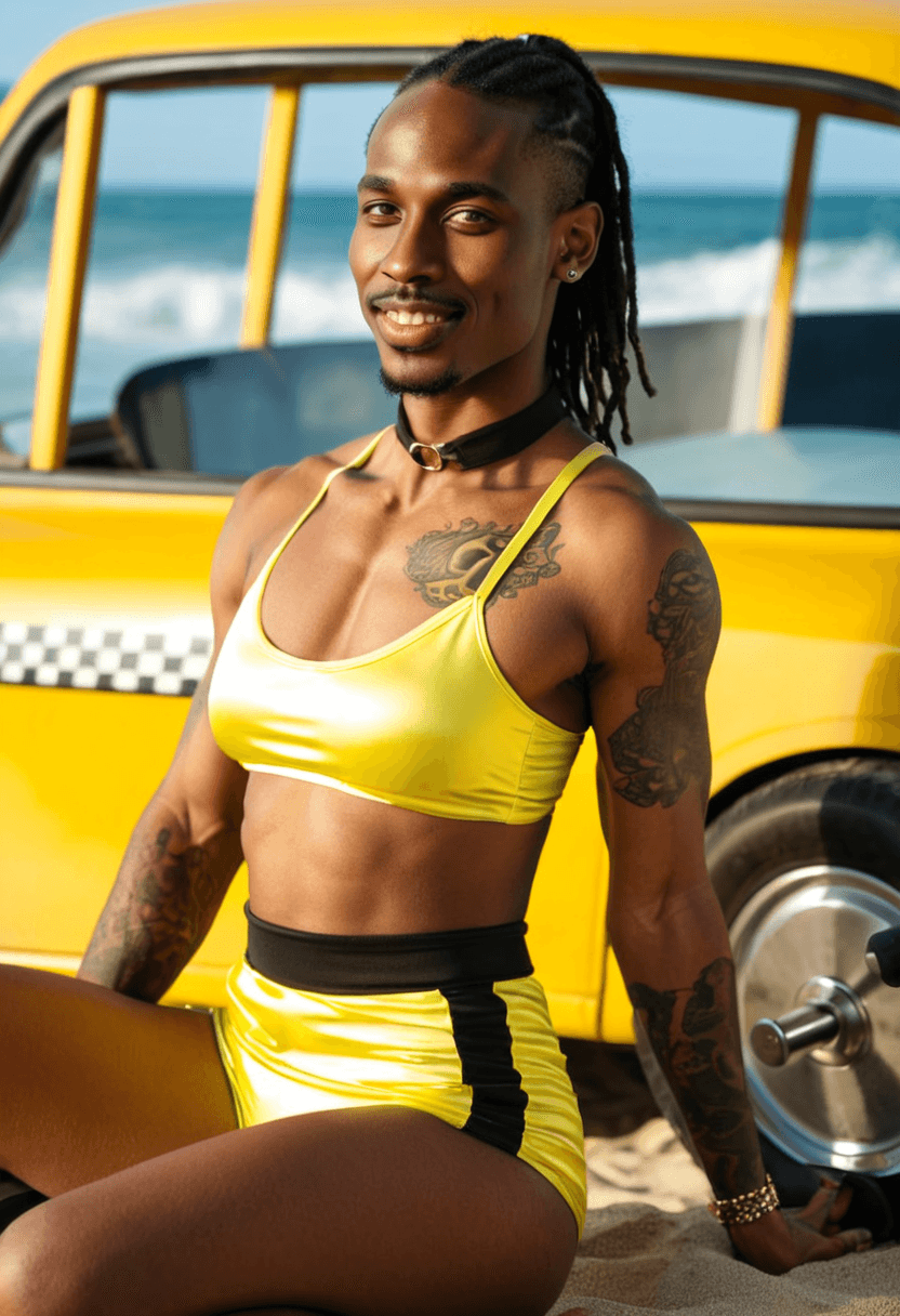 kneeling pose, elegant position, wearing a fashionable choker, with artistic tattoos, in a yellow taxi cab, stretching gracefully, tanning on a beach lounger, wearing trendy sunglasses, on a sunny beach with ocean waves, wearing a sleek latex skirt, wearing a luxurious satin robe, squatting position, athletic pose, in a modern office setting, on a sunny beach with ocean waves, outdoor setting, visible tattoos on arms and chest, wearing stylish sunglasses, cool accessory, lifting weights at the gym, showing muscular strength, wearing stylish swim shorts, beach ready attire