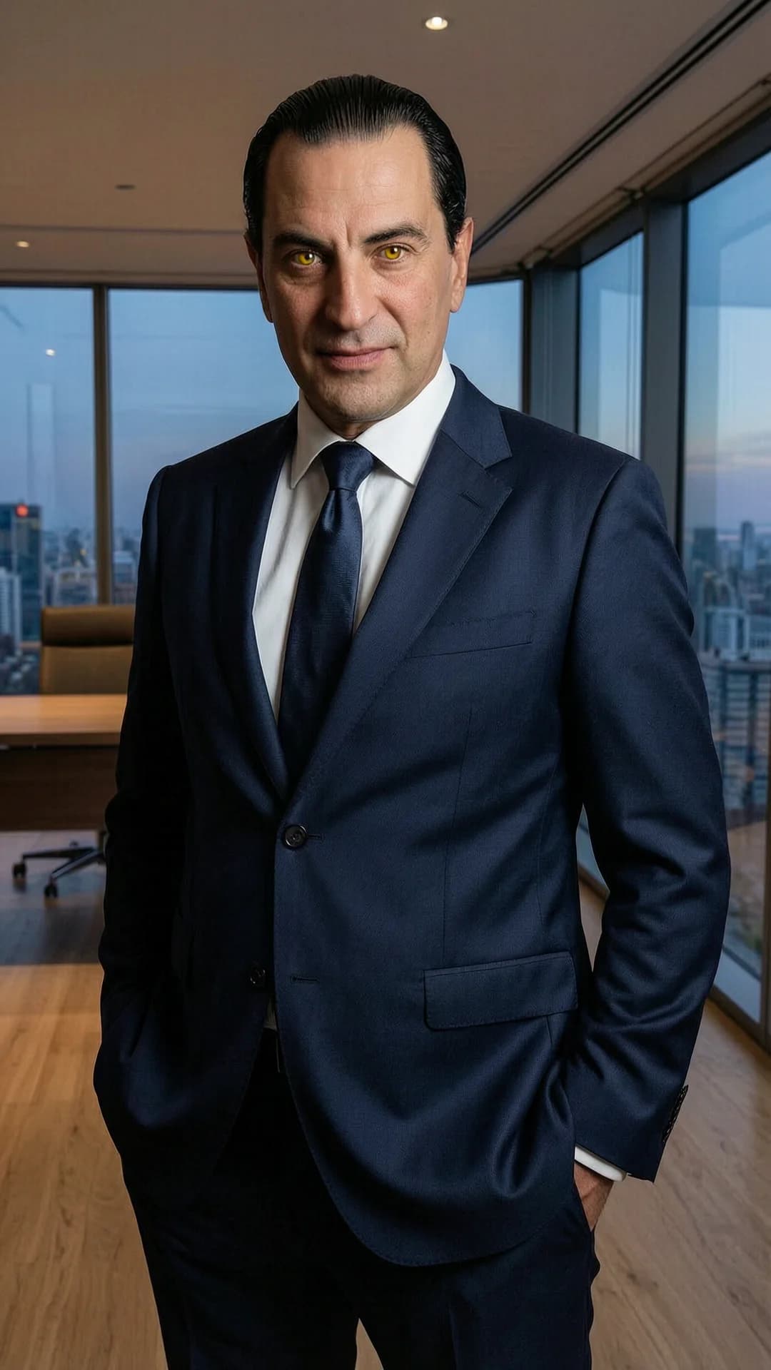 A 43-year-old Caucasian man with slicked-back black hair, piercing yellow eyes, and a wide broad-shouldered body type stands confidently in a sleek modern executive office with floor-to-ceiling windows overlooking a city skyline at dusk, wearing a tailored dark navy business suit with a crisp white dress shirt and a silk tie neatly knotted, professional attire, hands resting in his trouser pockets with a powerful stance and shoulders squared, medium close-up from a slight low angle looking upward to emphasize his imposing presence, direct intense eye contact with a commanding professional expression and subtle smirk, soft dramatic side lighting casting sharp shadows across his face and suit fabric, realistic style, Flawless anatomy, no extra digits, no extra limbs, realistic skin texture, high-detail.