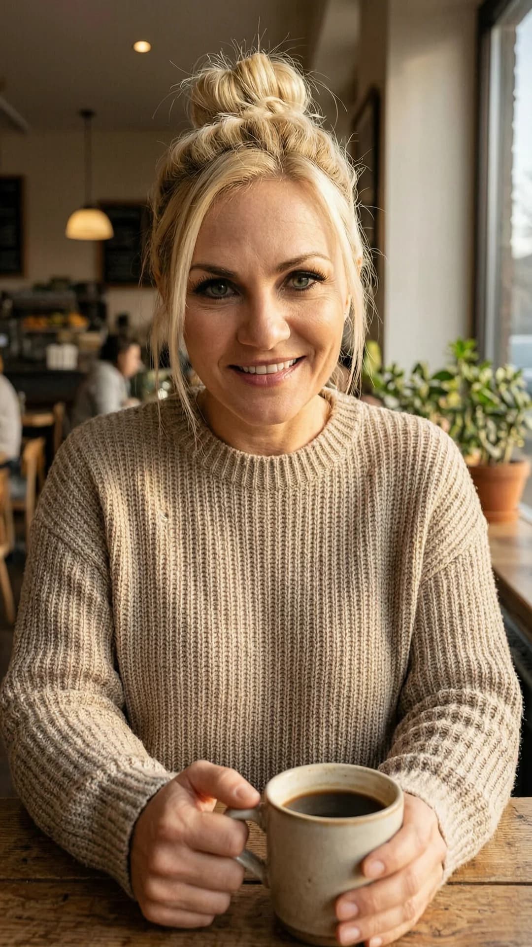 45-year-old caucasian woman with fit body, blonde straight hair in a natural messy bun, piercing green eyes, sitting in a cozy sunlit cafe holding a coffee mug, wearing a casual oversized knit sweater with the subtle outline of her nipple piercings visible through the soft fabric, candid close-up smartphone photo from a slight downward first-person POV, warm genuine smile with direct eye contact toward the camera conveying authentic warmth and joy, soft natural afternoon lighting, depth of field with slightly blurred cafe background, photorealistic, 8k resolution, film grain, shot on iPhone. Flawless anatomy, no extra digits, no extra limbs, realistic skin texture, high-detail.