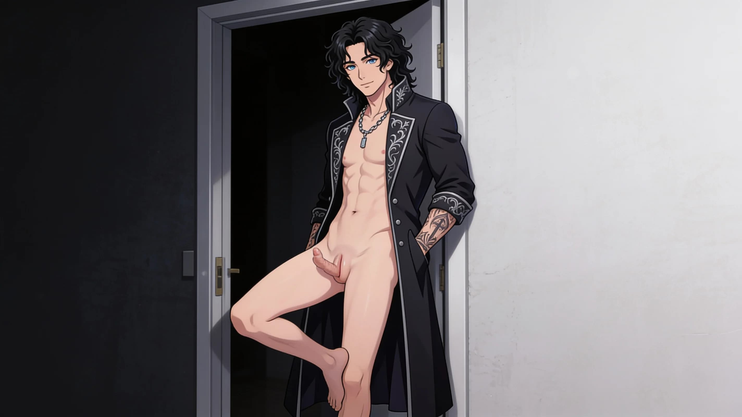 Standing in a doorway, naked except for a long jacket, erect penis, , leaning against wall with one foot propped up, casual confidence, , wearing a masculine chain necklace