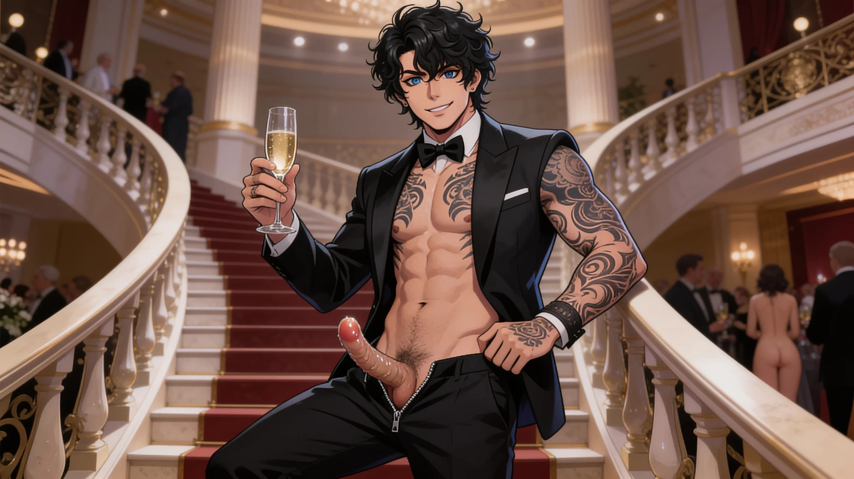 24-year-old Asian muscular man with curly black hair, blue eyes, intricate tattoos across his chest and arms, and visible pubic hair, standing in a sophisticated pose by a grand staircase at an upscale event venue while holding a champagne glass in one hand, wearing a classic black tuxedo with bow tie but pants unzipped to expose his erect penis with explicit anatomical detail including veiny shaft, glistening tip, and arousal sheen, nsfw, confident smile with intense direct eye contact towards the viewer conveying James Bond style elegance and subtle lust, perfectly groomed appearance, professional event photography lighting with soft ambient glow highlighting natural clothing folds and body tension, anime style, high-quality illustration, Flawless anatomy, no extra digits, no extra limbs, detailed anime shading, high-quality illustration.