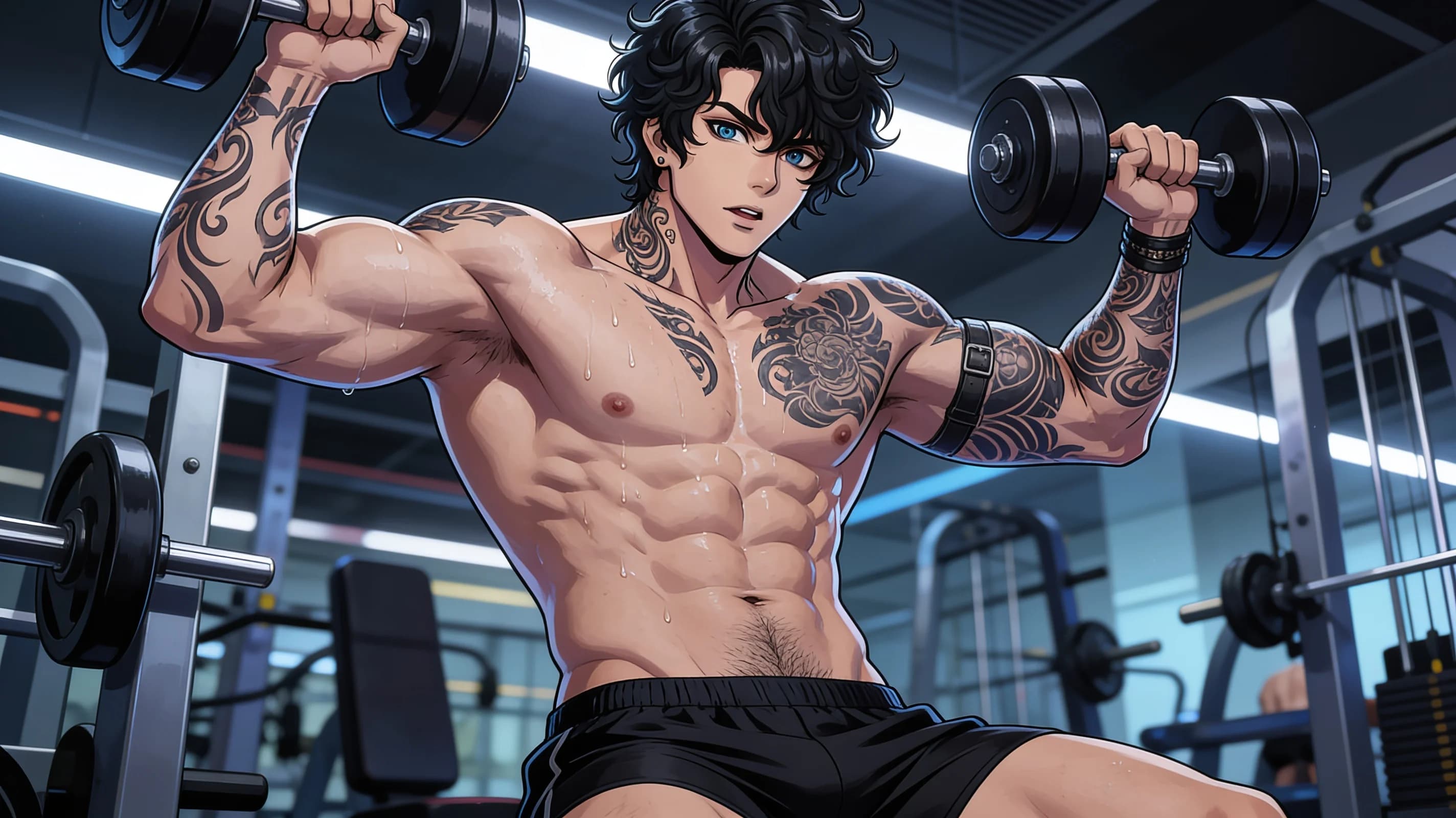 A 24-year-old Asian man with a muscular body type, curly black hair, blue eyes, intricate tattoos across his torso and arms, and visible pubic hair above low-slung waistband, shirtless and wearing tight black gym shorts, lifting heavy dumbbells at the gym in a modern fitness setting with exercise equipment all around, mid-workout pose flexing bulging muscles and showing athletic physique with skin sheen and sweat drops rolling down his chest and abs, dynamic low-angle medium close-up from front three-quarter view, intense direct eye contact with the viewer conveying raw power and focus, lips slightly parted, vibrant atmospheric gym lighting with highlights on sweat-glistened skin, anime style, high-quality illustration. Flawless anatomy, no extra digits, no extra limbs, detailed anime shading, high-quality illustration.
