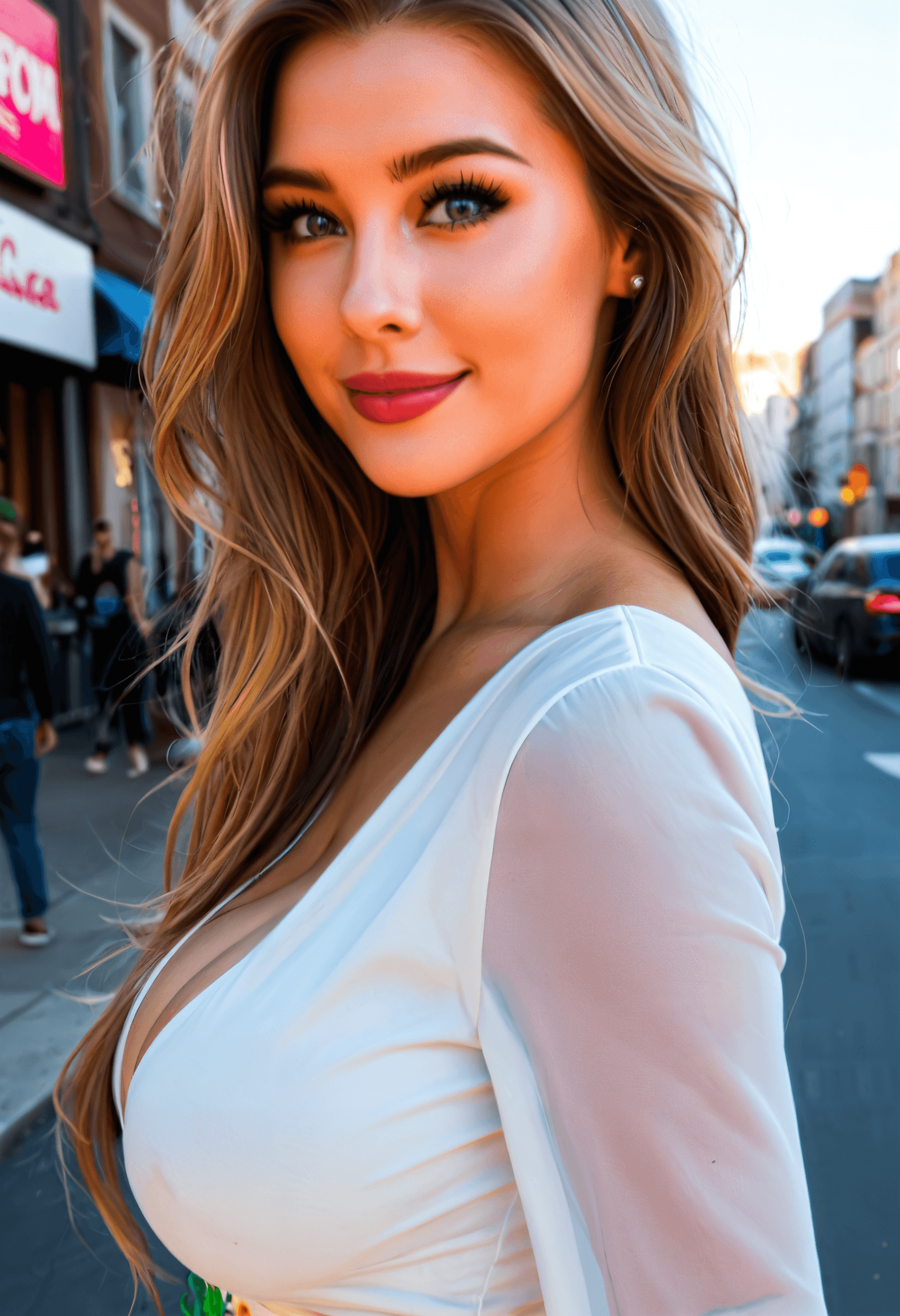 realistic, photorealistic, best quality, masterpiece, ultra detailed, 1 young asian woman, 21 years old, slim body, long blonde hair, striking green eyes, radiant smile, wearing stylish sunglasses, wearing a light flowy summer dress, gigantic breasts, medium butt, standing confidently, full body shot, in an urban city, city street background