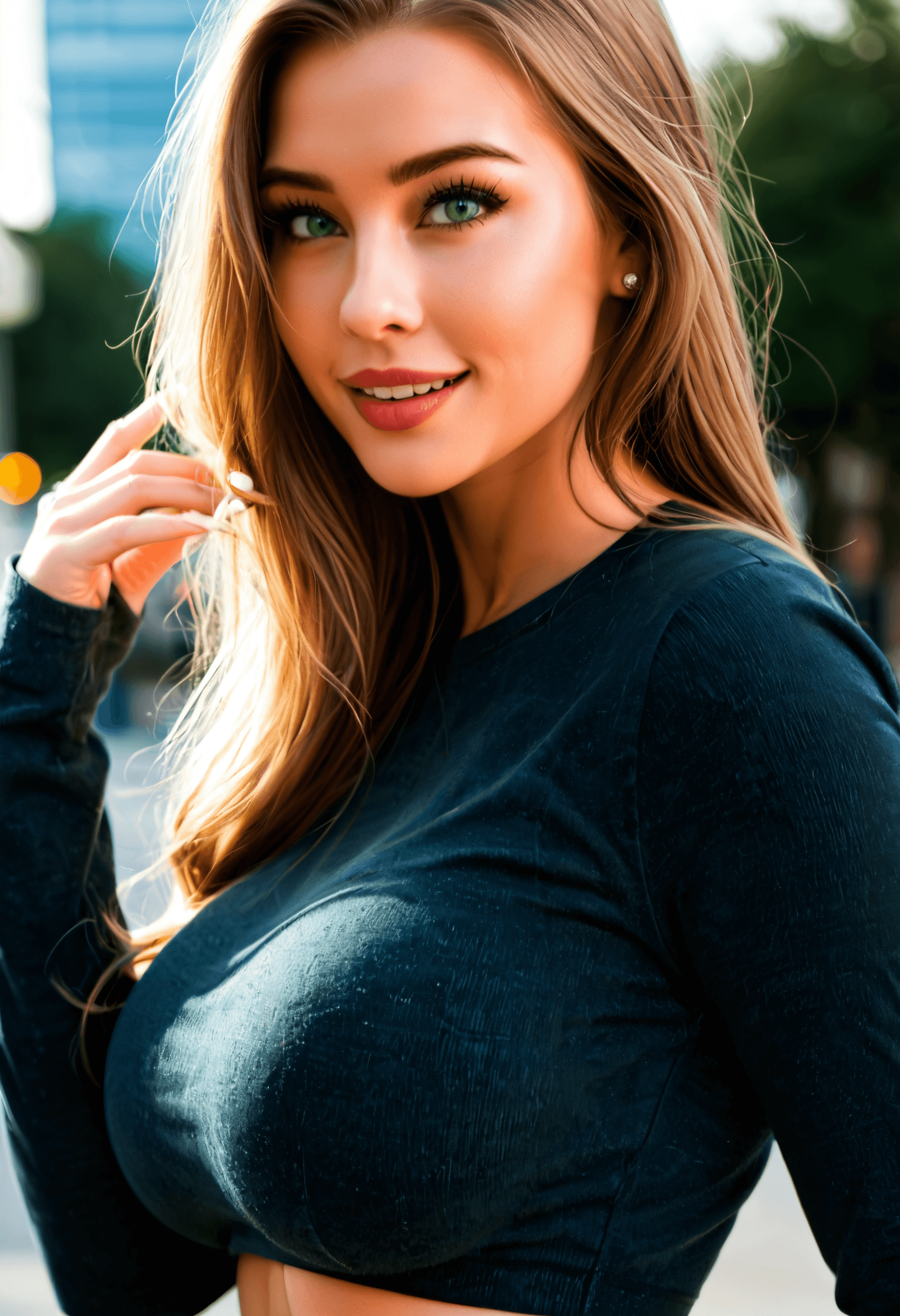 (photorealistic:1.3), (best quality), (masterpiece), highly detailed, ultra-detailed, intricate details, 8k, RAW photo, sharp focus, cinematic lighting, professional photography, natural skin texture, stunning, beautiful, intricate, extremely detailed, volumetric lighting, depth of field, full body shot, 21 year old asian woman, slim body type, gigantic breasts, medium butt, long blonde hair, striking green eyes, radiant smile, stylish fitted top, high-waisted jeans, fashionable sneakers, standing, laughing, showing a direction with her right hand, modern city, evening, city lights, blurred background, urban landscape, neon glow, bokeh