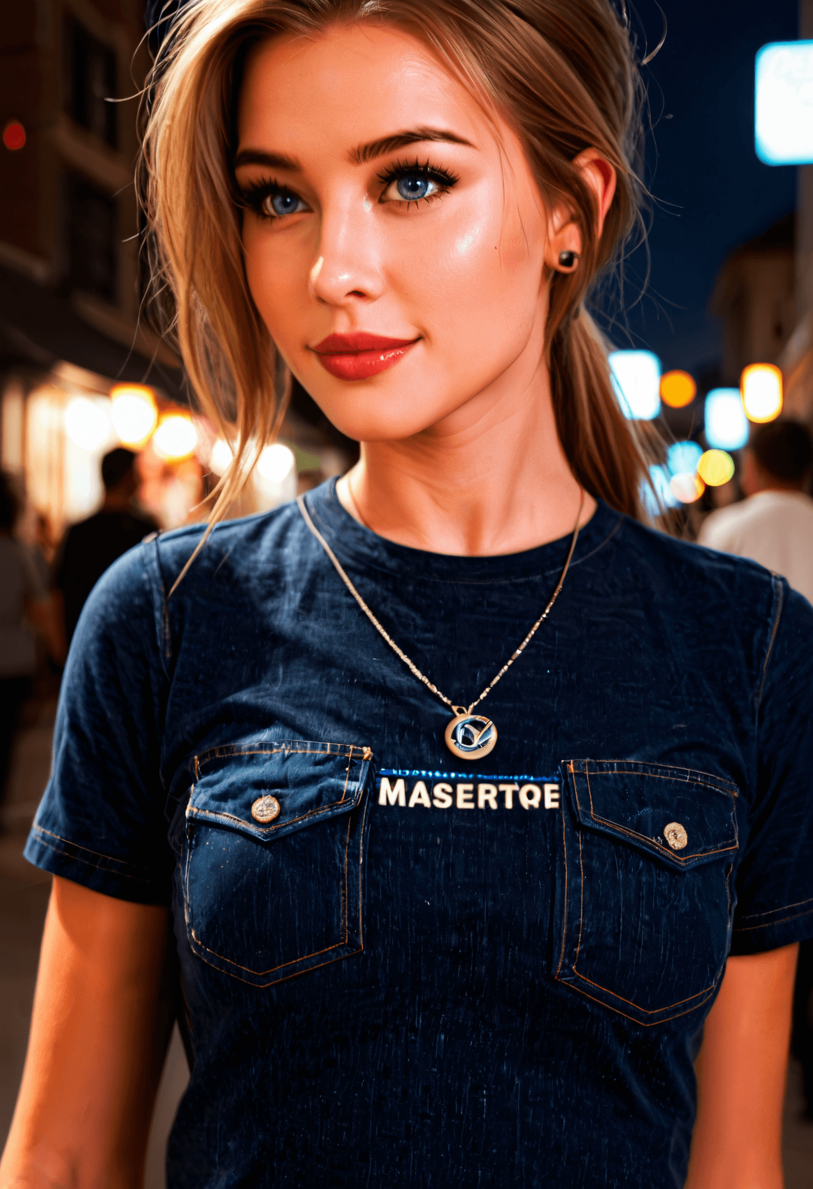 walking in a modern city in the evening, wearing jeans and tshirt, her hair is blond ponytail, evening lights, people in the background, slightly blurred background