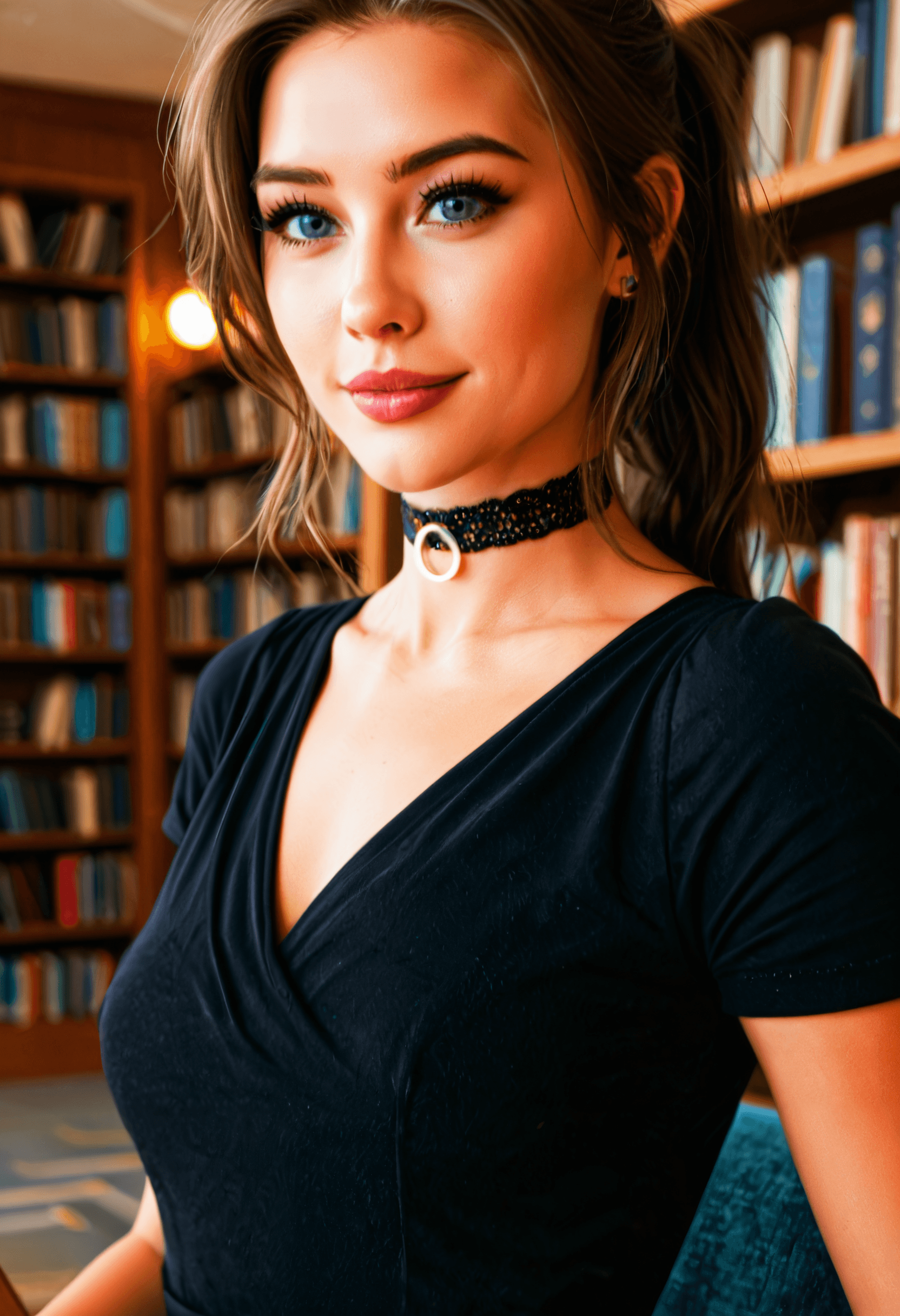sitting in library, wearing casual dress, choker and sunglasses, her hair is brunette in ponytail style, evening lights, books on the shelves in the background, slightly blurred background