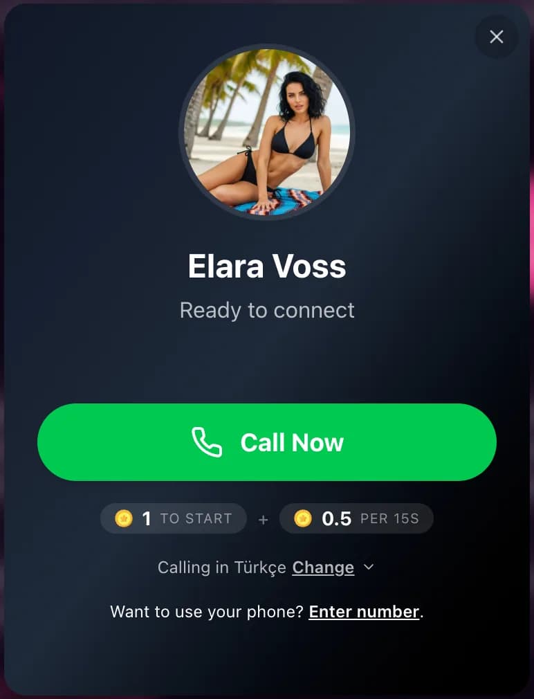 The call window in SweetDream, open for Elara Voss: โReady to connectโ, a green Call Now button, a price of 1 token to start plus 0.5 per 15 seconds, the call language, and a link to enter a phone number instead.