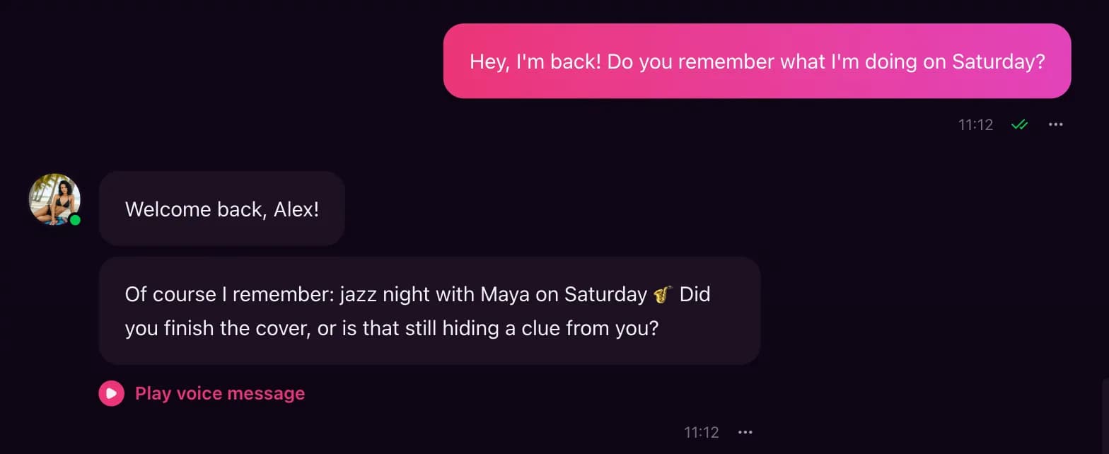 A chat with Elara Voss. The user asks, โDo you remember what I'm doing on Saturday?โ She welcomes Alex back and answers that it's jazz night with Maya, then asks whether the cover is finished.