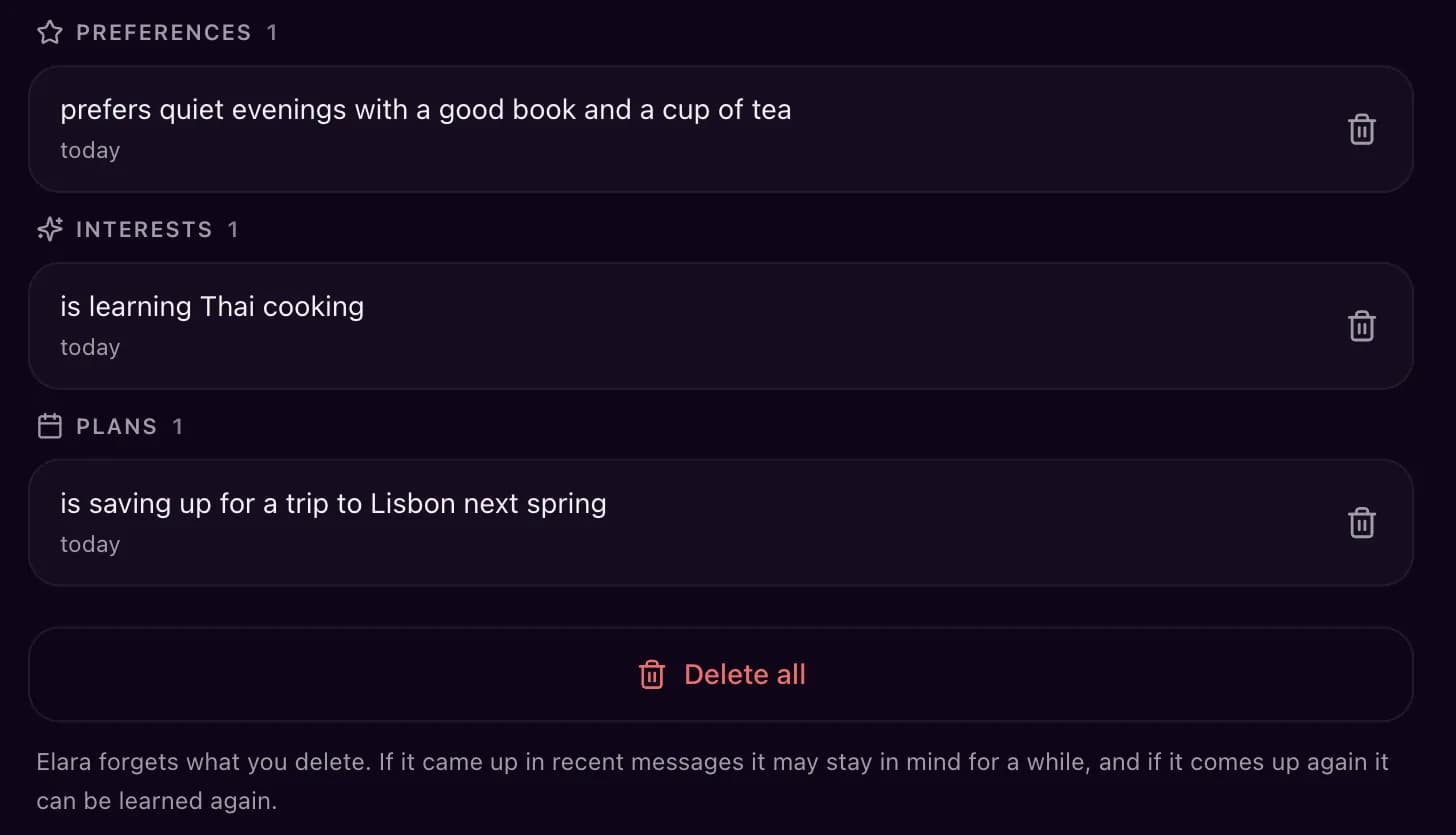 The end of the Memory tab: memories under Preferences, Interests and Plans, each with a bin, a Delete all button, and a note that Elara forgets what you delete, though something from recent messages may stay in mind for a while.