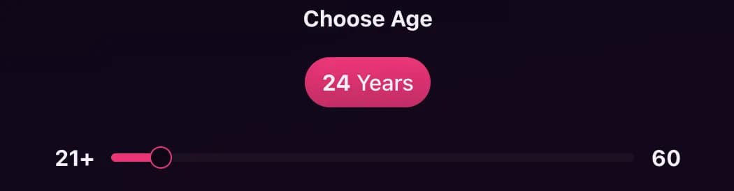 Etapa Choose Age (Escolher idade) do criador de personagens do SweetDream, na interface em inglês: um controle deslizante que vai de 21+ a 60, marcado em 24 anos.