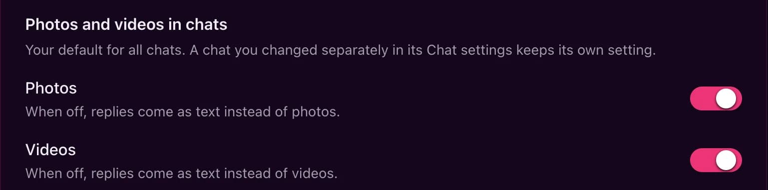 SweetDream Settings, Photos and videos in chats card: Photos and Videos switches, both on, the default for all chats