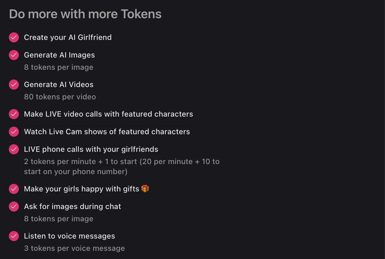 The token page in the SweetDream app, listing what tokens pay for: 8 tokens per generated image, 80 per video, 2 tokens a minute plus 1 to start for a browser call or 20 a minute plus 10 to start on your phone, 8 tokens per image asked for in a chat and 3 per voice message.