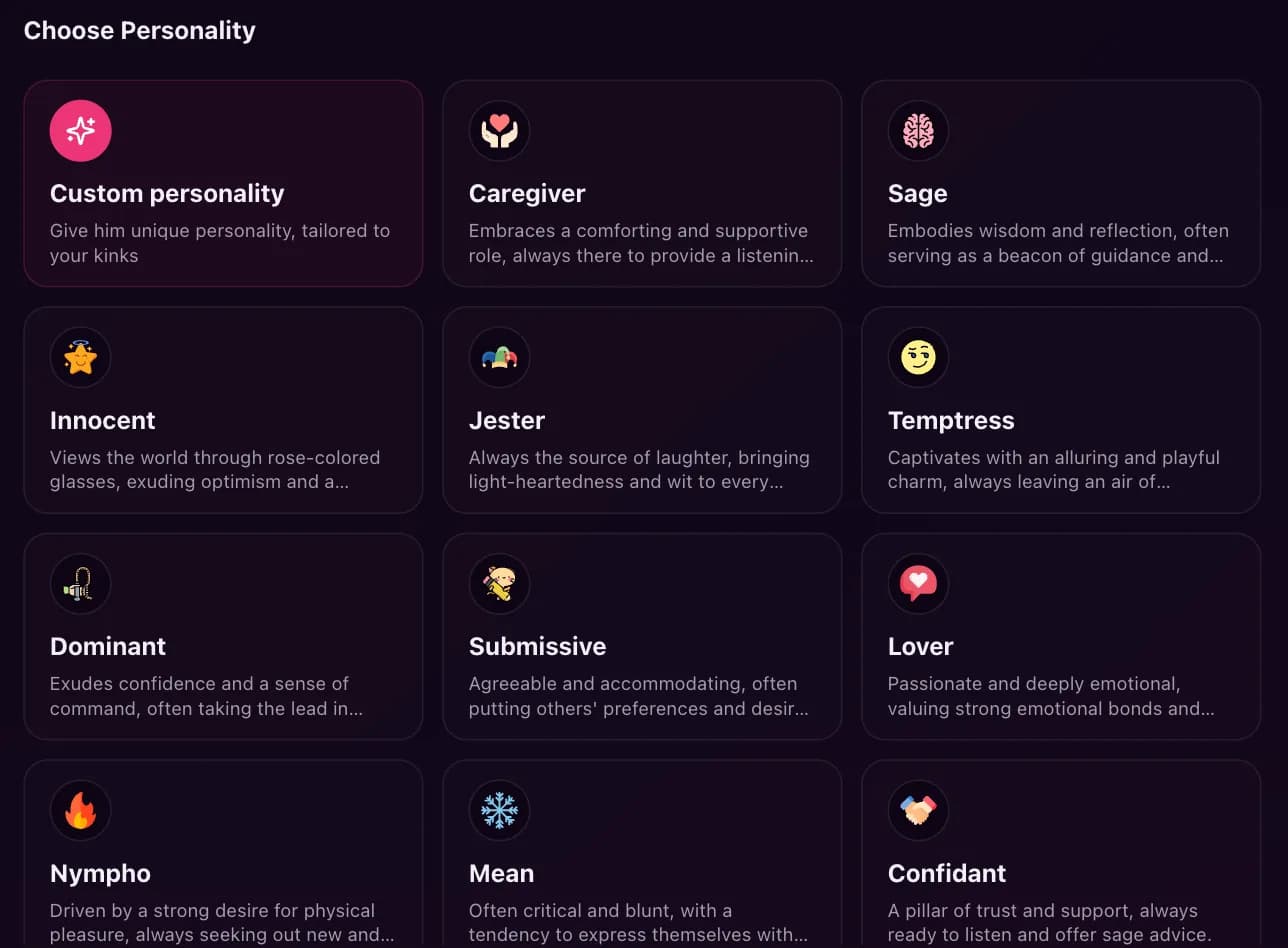 The Choose Personality step of SweetDream's character builder: a grid of cards for Custom personality, Caregiver, Sage, Innocent, Jester, Temptress, Dominant, Submissive, Lover, Nympho, Mean and Confidant.