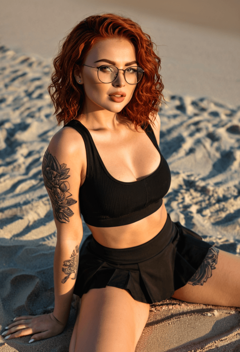 Wearing short black tennis skirt and a crop top shirt, portrait picture, looking at the viewer with a smile, wearing a stylish bikini on the beach, squatting position, athletic pose, tanning on a beach lounger, with artistic tattoos, on a sunny beach with ocean waves