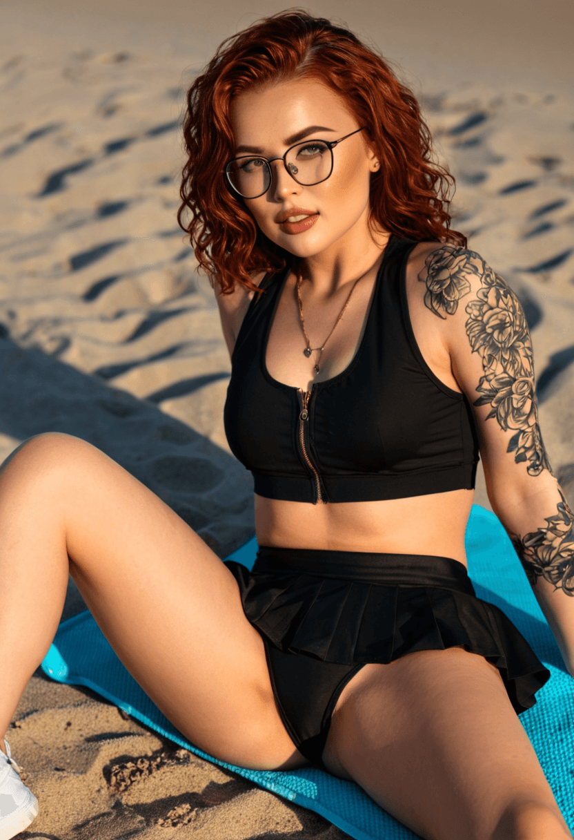 Wearing short black tennis skirt and a crop top shirt, portrait picture, looking at the viewer with a smile, wearing a stylish bikini on the beach, squatting position, athletic pose, tanning on a beach lounger, with artistic tattoos, on a sunny beach with ocean waves