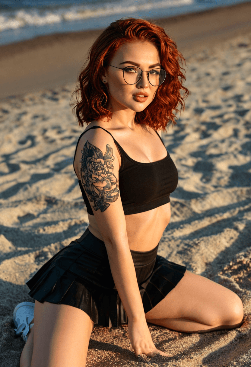 Wearing short black tennis skirt and a crop top shirt, portrait picture, looking at the viewer with a smile, wearing a stylish bikini on the beach, squatting position, athletic pose, tanning on a beach lounger, with artistic tattoos, on a sunny beach with ocean waves