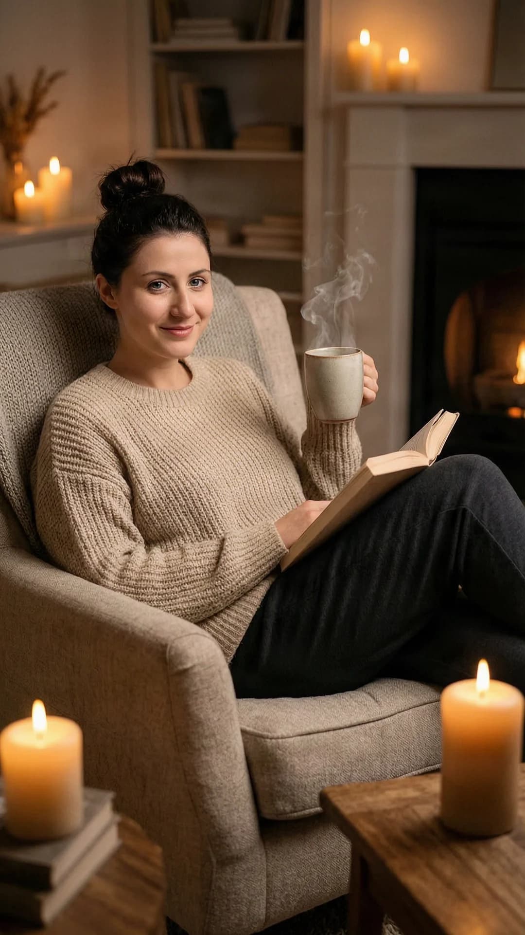 A 23-year-old Caucasian woman with brunette hair in a bun, blue eyes, and an average body type reclining sideways in a cozy living room armchair, wearing a soft oversized knit sweater and comfortable lounge pants, holding a steaming mug in one hand while the other hand holds open a book resting in her lap, soft warm candlelight flickering across the room creating gentle shadows and a relaxed intimate mood, captured in a medium shot from a slight three-quarter front angle with direct inquisitive eye contact and a warm smile, head slightly tilted, body relaxed with natural curves and fabric draping, Flawless anatomy, no extra digits, no extra limbs, realistic skin texture, high-detail.