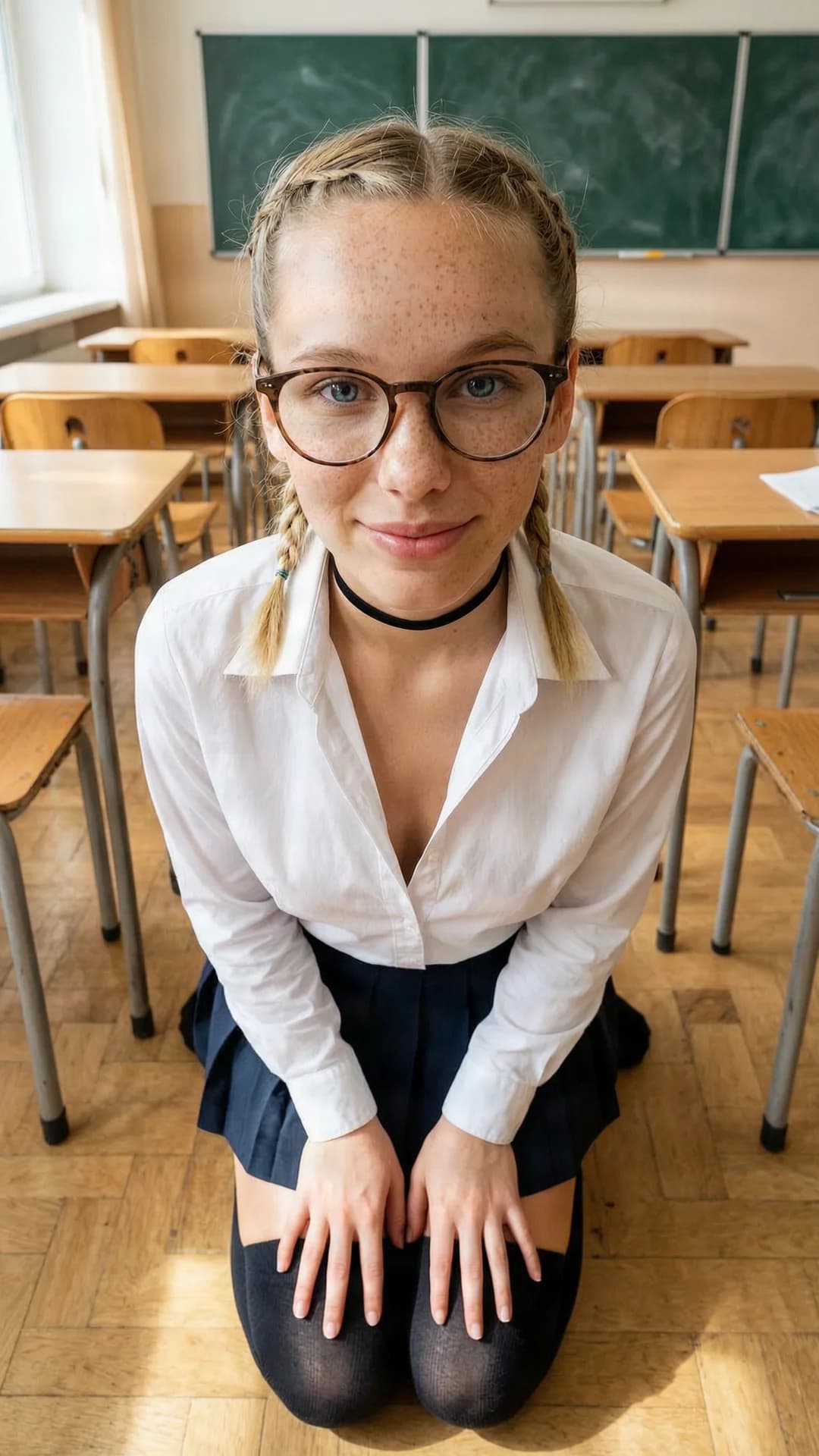 A 21-year-old Caucasian woman with blonde braids, blue eyes, skinny build, freckles across her cheeks, wearing stylish glasses and a fashionable choker, kneels in an elegant upright position on the classroom floor with knees together and hands resting delicately on her thighs, dressed in a classic schoolgirl outfit consisting of a too-small white blouse that strains tightly across her modest chest with the top buttons undone to reveal subtle cleavage and a short pleated skirt that sits high on her thighs exposing more skin than intended along with knee-high socks, set inside a sunlit empty classroom with wooden desks and chalkboard in the background, captured in a medium close-up from a slightly elevated first-person POV looking down, with direct upward eye contact and an innocent cute expression, wide blue eyes sparkling with playful sweetness, soft smile on parted lips, gentle natural lighting highlighting her freckled skin and braid details, realistic style, cute and innocent mood, Flawless anatomy, no extra digits, no extra limbs, realistic skin texture, high-detail.