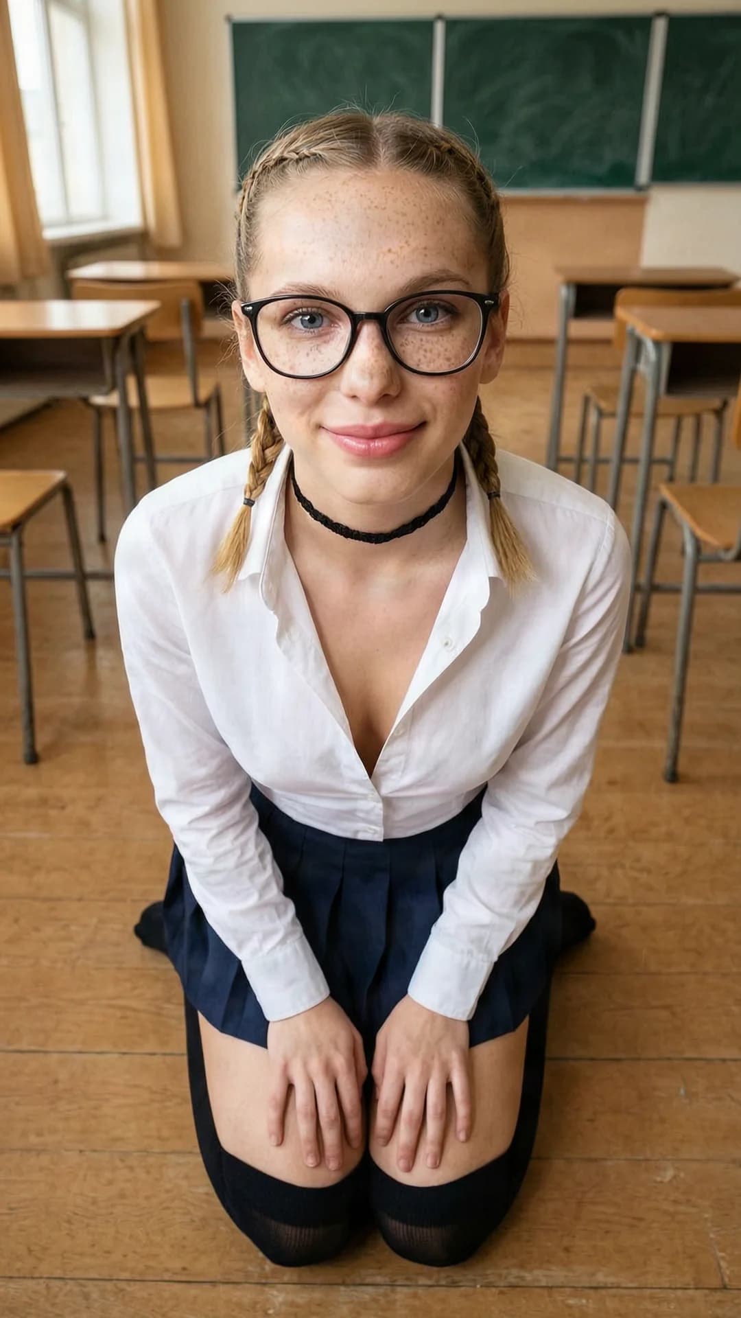 A 21-year-old Caucasian woman with blonde braids, blue eyes, skinny build, freckles across her cheeks, wearing stylish glasses and a fashionable choker, kneels in an elegant upright position on the classroom floor with knees together and hands resting delicately on her thighs, dressed in a classic schoolgirl outfit consisting of a too-small white blouse that strains tightly across her modest chest with the top buttons undone to reveal subtle cleavage and a short pleated skirt that sits high on her thighs exposing more skin than intended along with knee-high socks, set inside a sunlit empty classroom with wooden desks and chalkboard in the background, captured in a medium close-up from a slightly elevated first-person POV looking down, with direct upward eye contact and an innocent cute expression, wide blue eyes sparkling with playful sweetness, soft smile on parted lips, gentle natural lighting highlighting her freckled skin and braid details, realistic style, cute and innocent mood, Flawless anatomy, no extra digits, no extra limbs, realistic skin texture, high-detail.