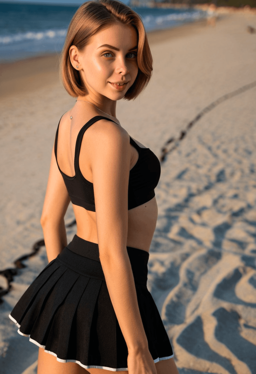 Wearing short black tennis skirt and a crop top shirt, portrait picture, looking at the viewer with a smile, wearing a stylish bikini on the beach