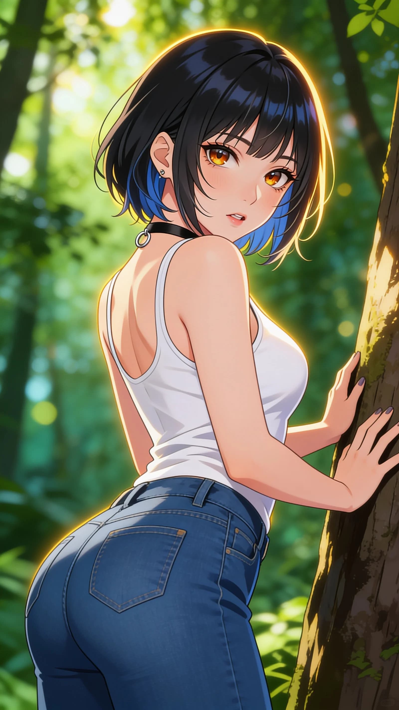 anime style, 2D cel-shaded anime illustration, anime key visual, flat cel shading, clean bold line art, vibrant saturated colors, large detailed expressive anime eyes with crisp catchlights, flat 2D rendering, not photorealistic, not 3D render, 21-year-old Asian woman with short black hair featuring subtle blue streaks, expressive amber hazel eyes, slim busty frame with wide hips, standing in a lush green forest wearing a form-fitting white tank top and fitted blue jeans, facing away from viewer while leaning forward with hands resting on a tree trunk, looking back over her shoulder directly at viewer with intense seductive eye contact and parted lips, medium close-up from rear three-quarter angle showing head to mid-thigh in vertical 9:16 composition, soft dappled sunlight filtering through the canopy with warm golden rim lighting highlighting her curves and casting vibrant leaf shadows across the scene, detailed anime cel shading, crisp clean linework, correct anatomy, hands cleanly drawn with five fingers, studio-quality anime key visual; avoid: photorealistic, 3D render, extra fingers, deformed hands, blurry, low detail.